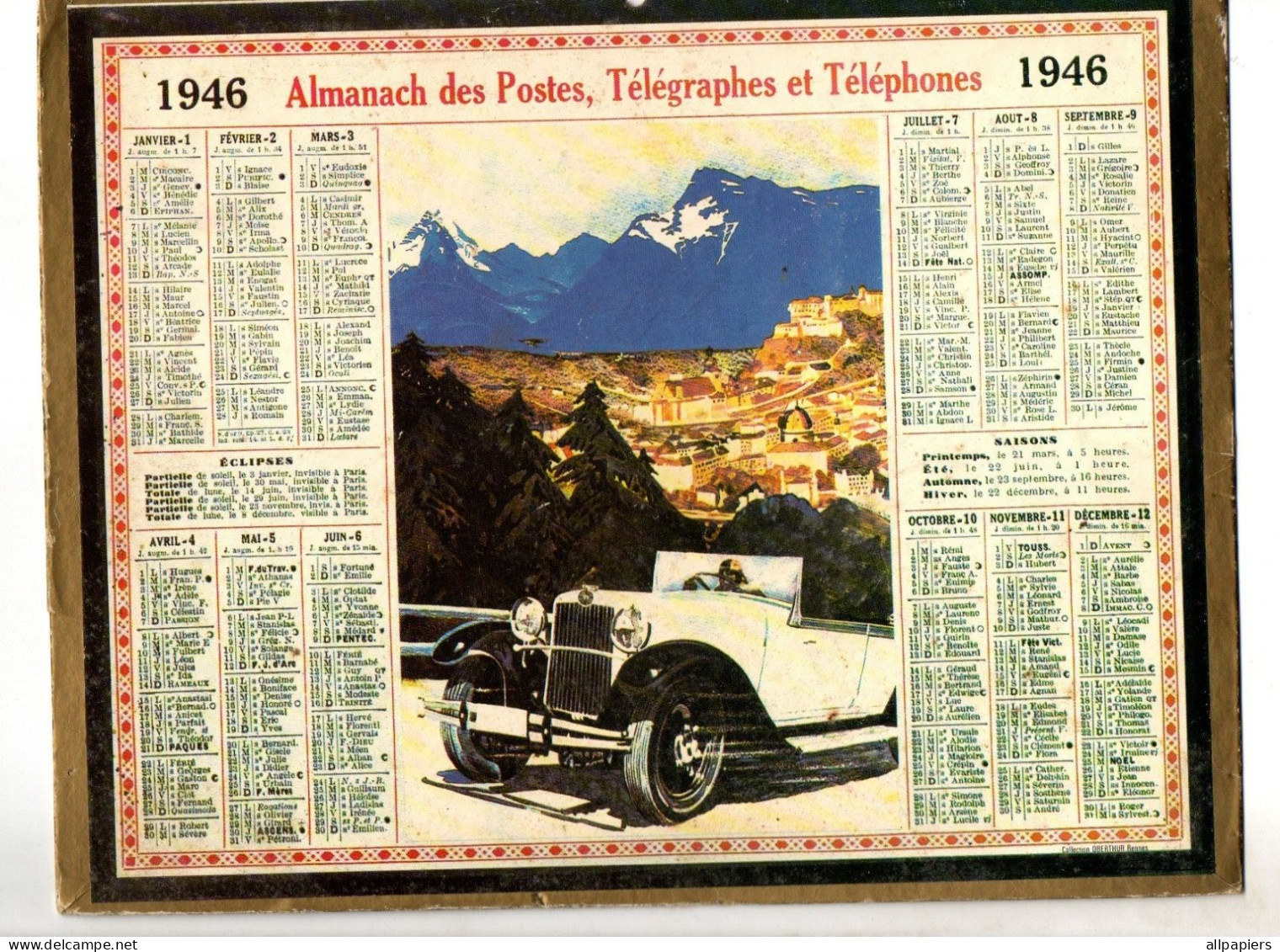 Calendrier Almanach Des Postes, Télégraphes Et Téléphones 1946 - Services Postaux Et Financiers Au Dos - Tamaño Grande : 1941-60