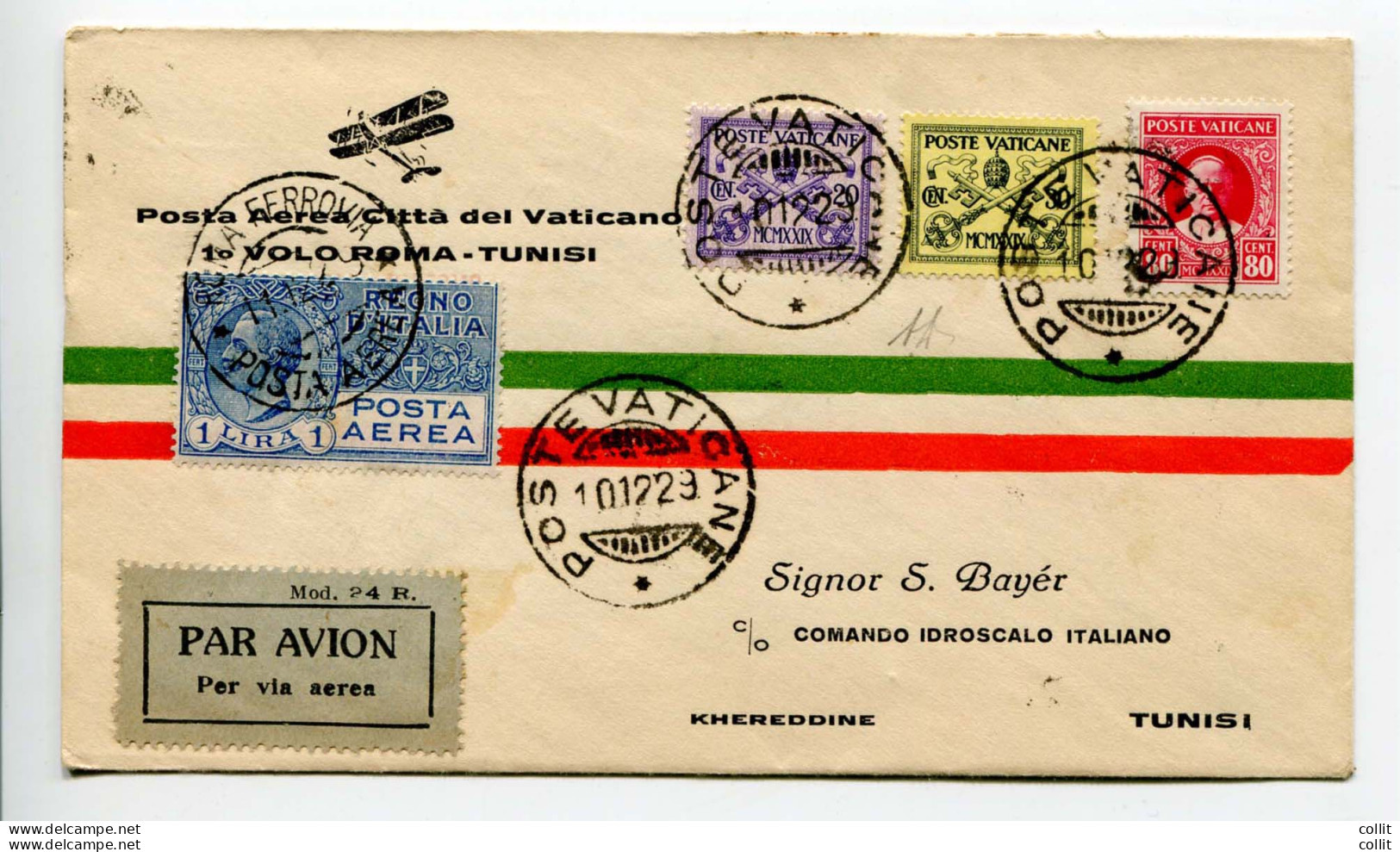 Primo Volo (Vaticano) Roma/Tunisi Del 10.12.29 - Marcofilía (Aviones)