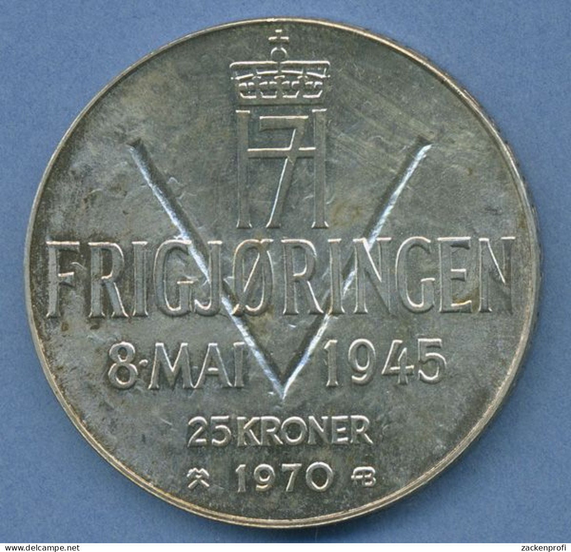 Norwegen 25 Kronen 1970, 25 Jahre Befreiung, Silber, KM 414 Vz/st (m2517) - Norway