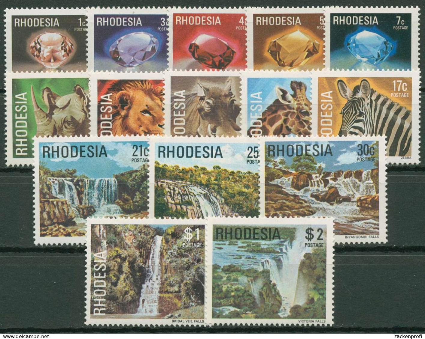 Rhodesien 1978 Edelsteine Tiere Löwe Nashorn Wasserfälle 206/20 Postfrisch - Rhodesien (1964-1980)