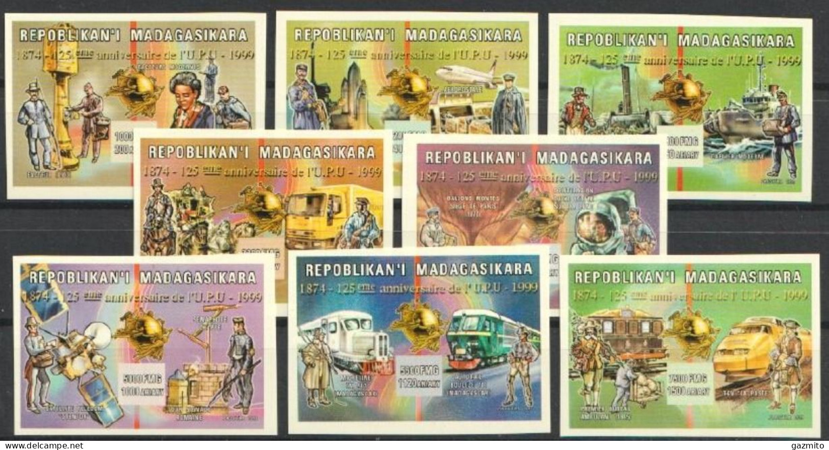 Madagascar 2000, UPU, Train, Balloon, Space, Horse, 8val IMPERFORATED - Camions