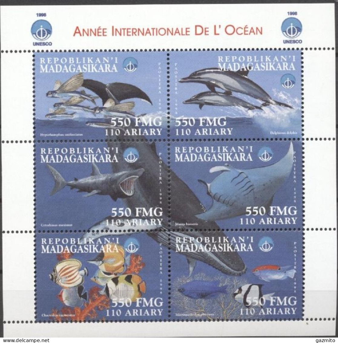 Madagascar 1999, Fishes, Whale, Dolphins, Shark, 6val In Block - Ballenas