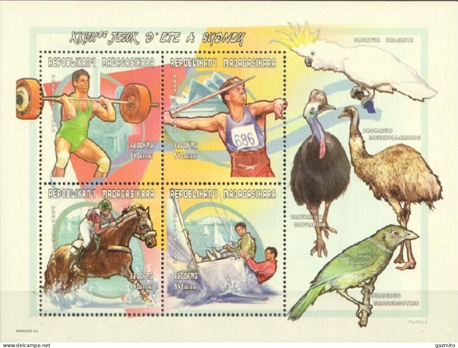 Madagascar 2000, Olympic Games In Sidney, Weight Lift, Athletic, Shipping, Horse Race, Birds, Parrot, 4val In BF - Gewichtheben