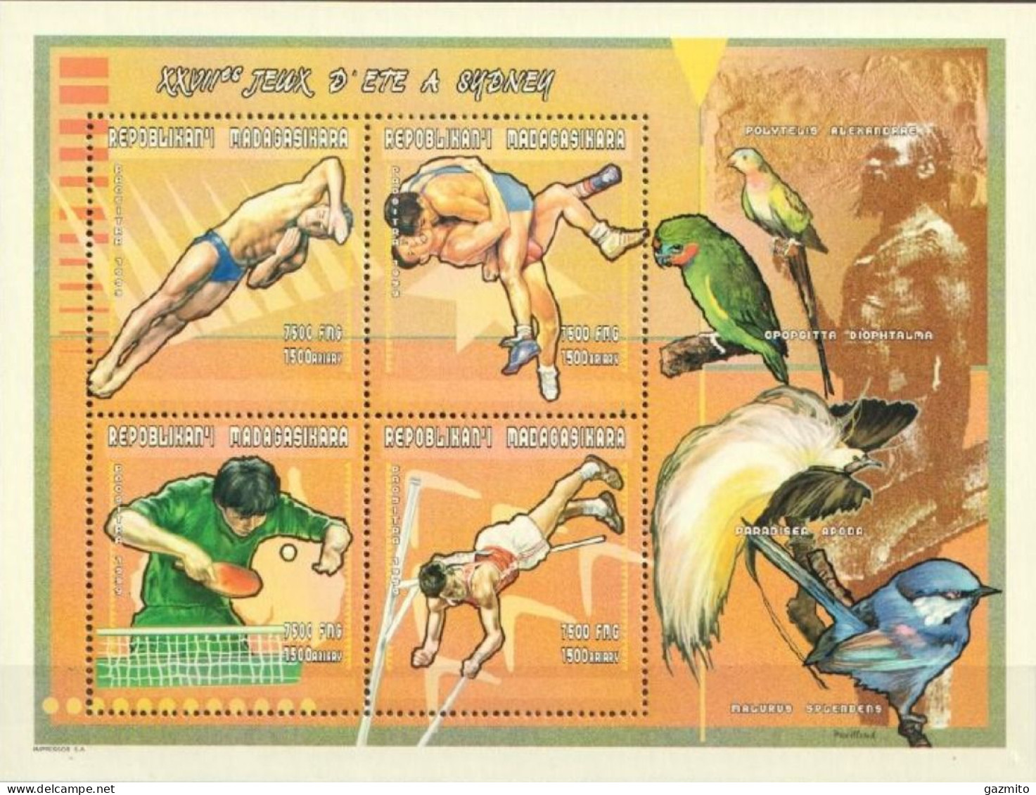 Madagascar 2000, Olympic Games In Sidney, Fight, Athletic, Tennis Table, Birds, Parrot, 4val In BF - Tenis De Mesa