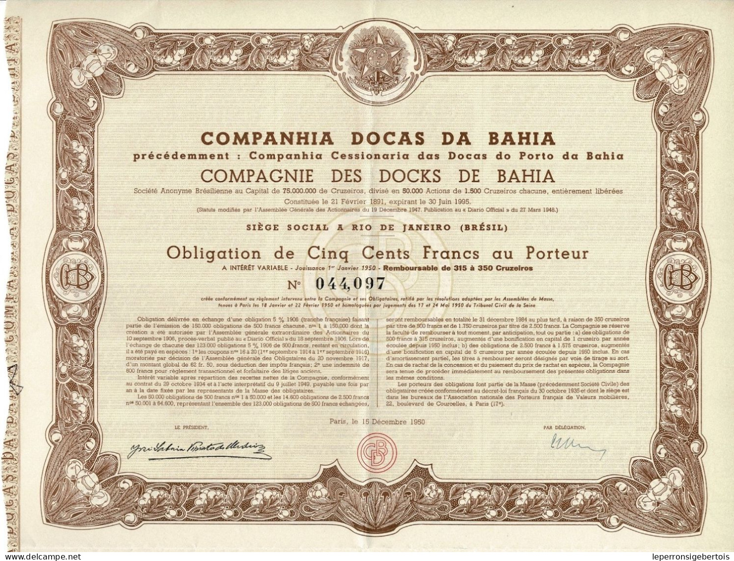 - Obligation De 1950 - Companhia Docas Da Bahia - Compagnie Des Docks De Bahia - - Navigazione