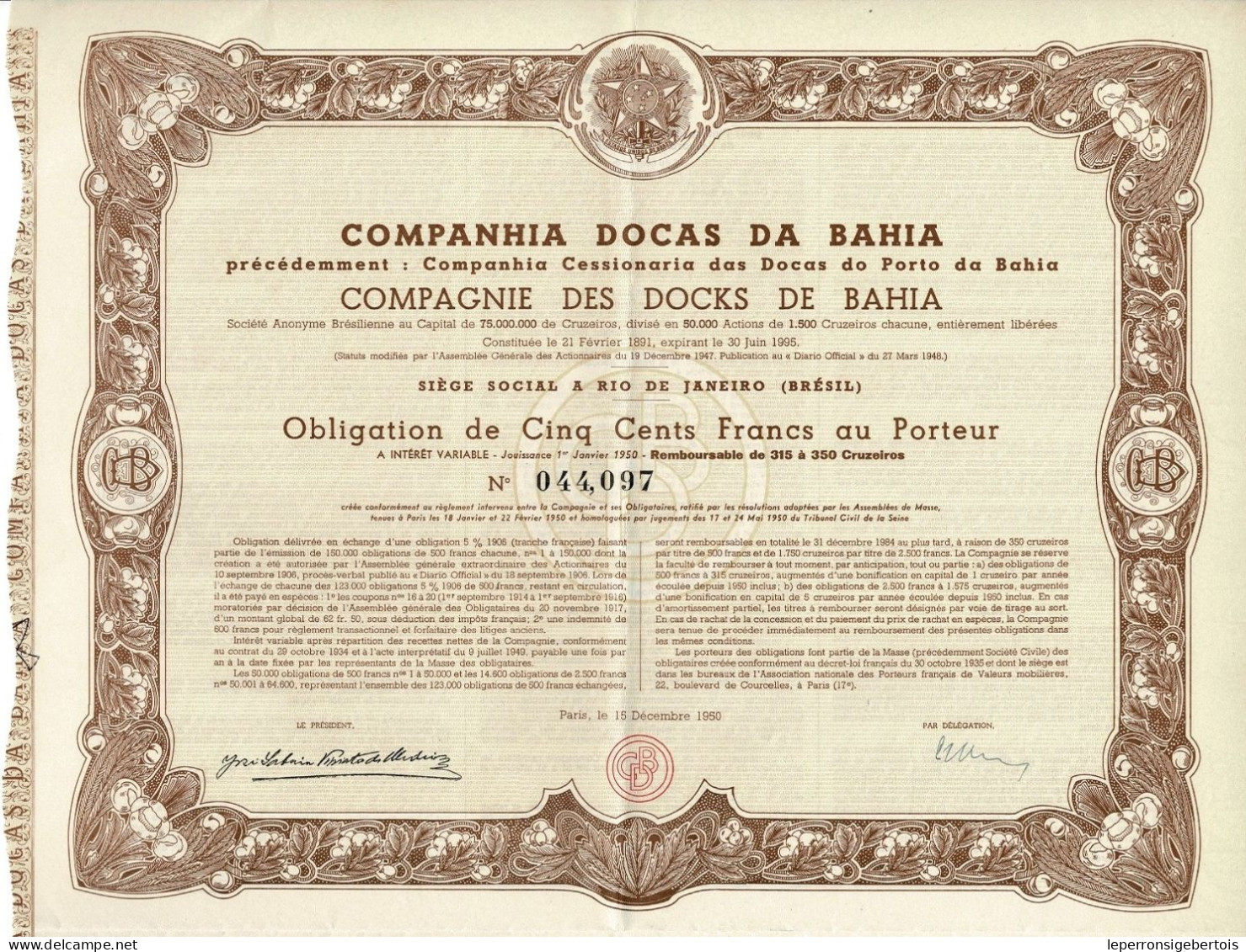 - Obligation De 1950 - Companhia Docas Da Bahia - Compagnie Des Docks De Bahia - - Navy