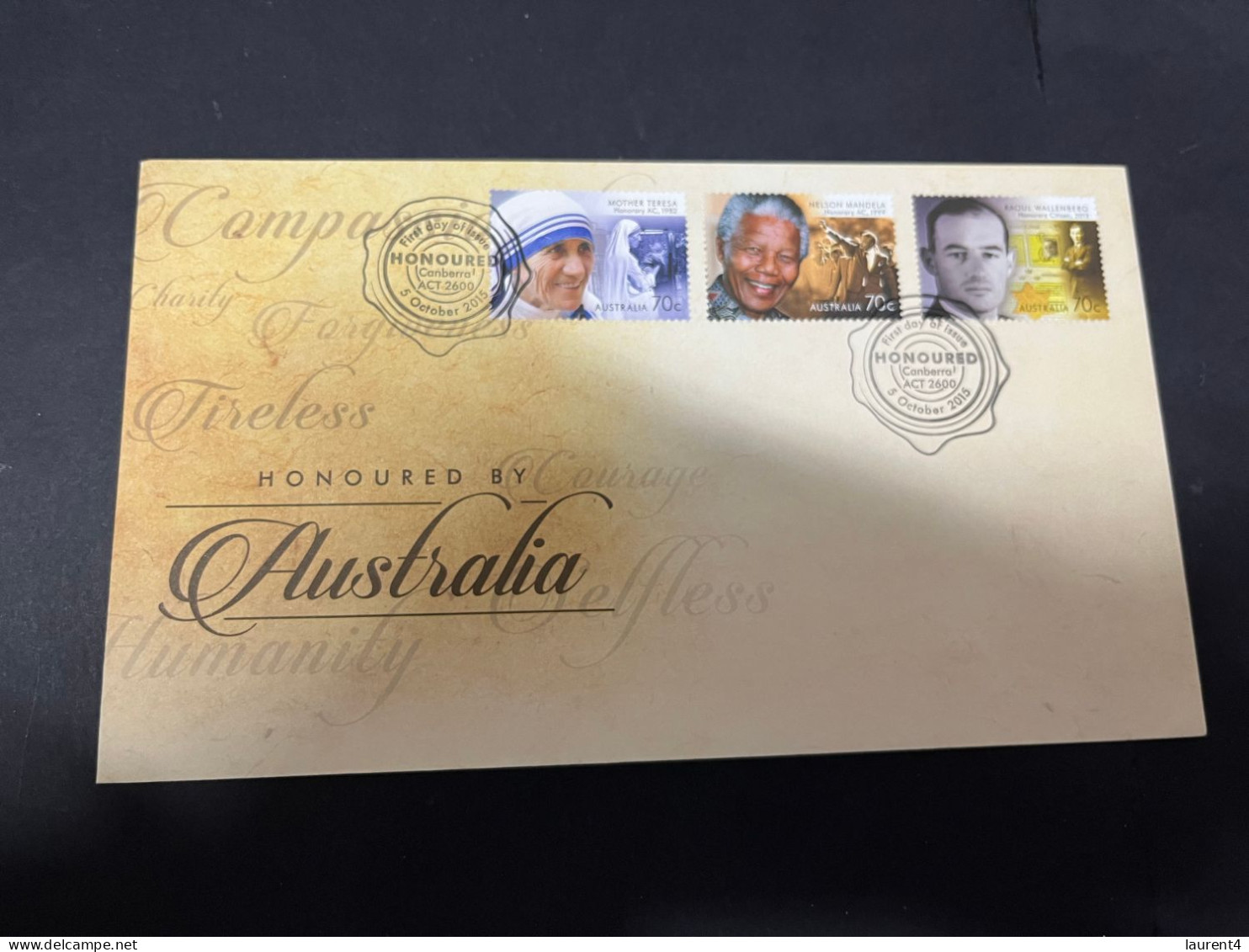 16-2-2024 (4 X 22) Australia FDC 2015 - Honoured By Australia - Mother Teresa - Nelson Mandela - Raoul Wallenberg - Primo Giorno D'emissione (FDC)