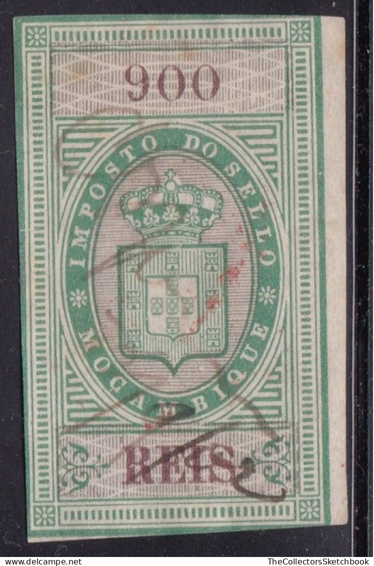 Mozambique Revenue Stamp 900 Reis Red On Green Good Used.  Stamp Duty - Mozambique