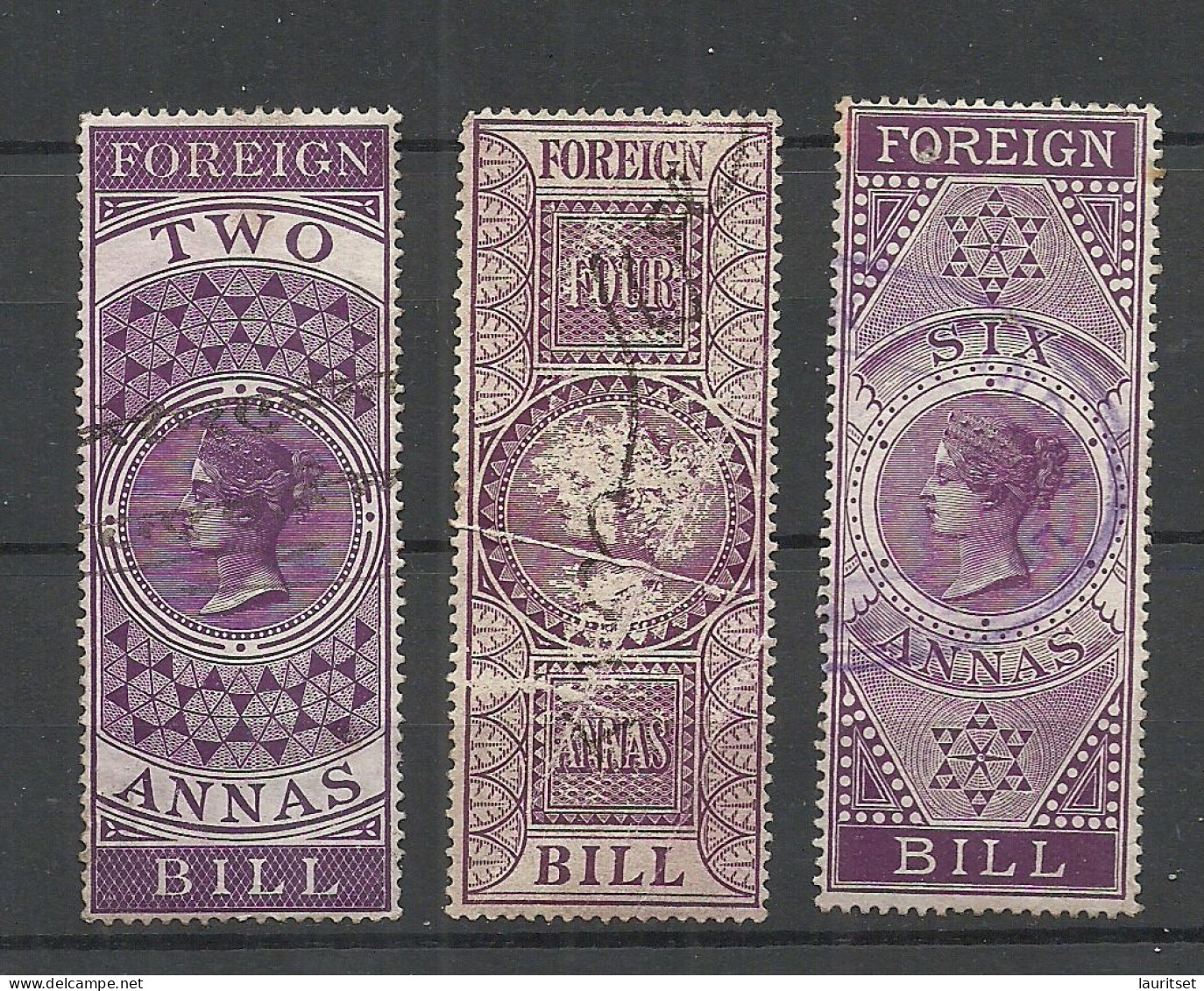 INDIA Foreign Bill Revenue Tax 2, 4, 6 Annas O Queen Victoria - Dienstmarken