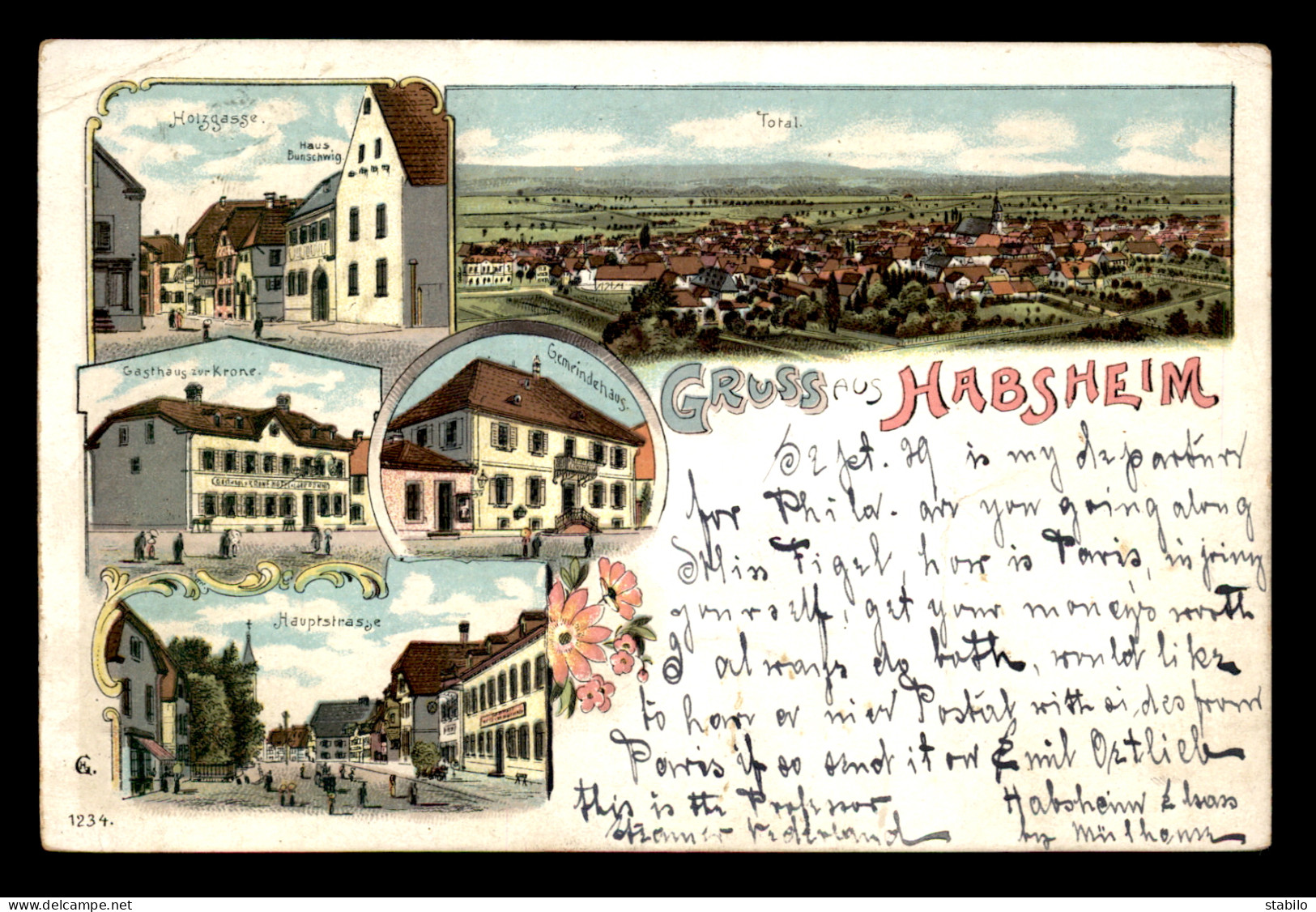 68 - HABSHEIM - CARTE LITHOGRAPHIQUE - HOLZSTRASSE HAUS BUNSCHWIG - GASTHAUS ZUR KRONE - HAUPTSRASSE - GEMEINDEHAUS - Habsheim