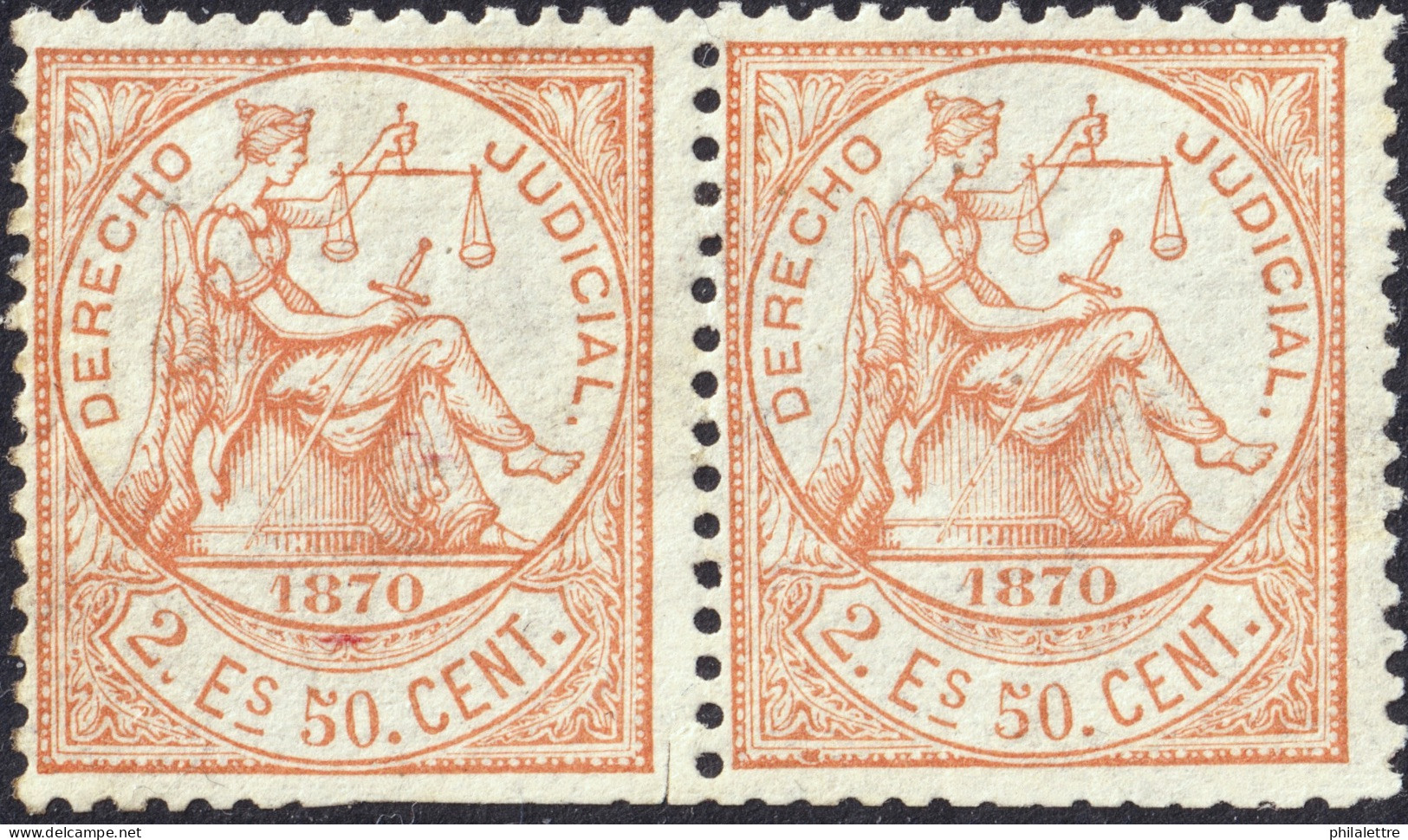 ESPAGNE / ESPANA - COLONIAS (Cuba Y Puerto Rico) 1870 Sello Fiscal "DERECHO JUDICIAL" Pareja 2E50c Naranja - Sin Gomar - Kuba (1874-1898)