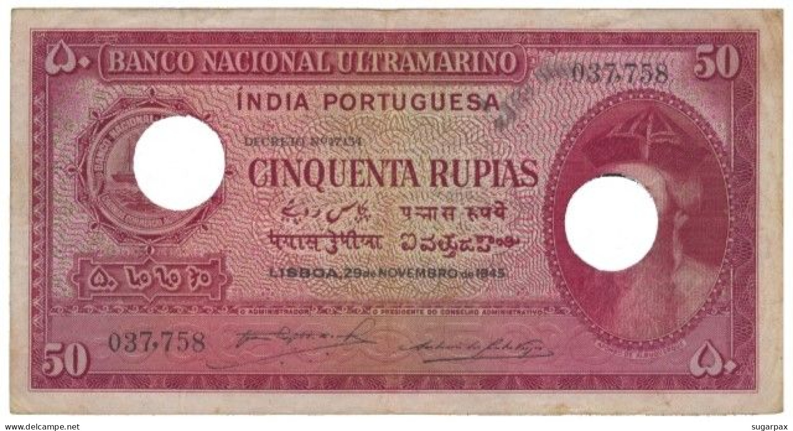 Portuguese INDIA - 50 RUPIAS - 29.11.1945 - Pick 38 - Canceled With Two Holes - Afonso De Albuquerque - Portugal