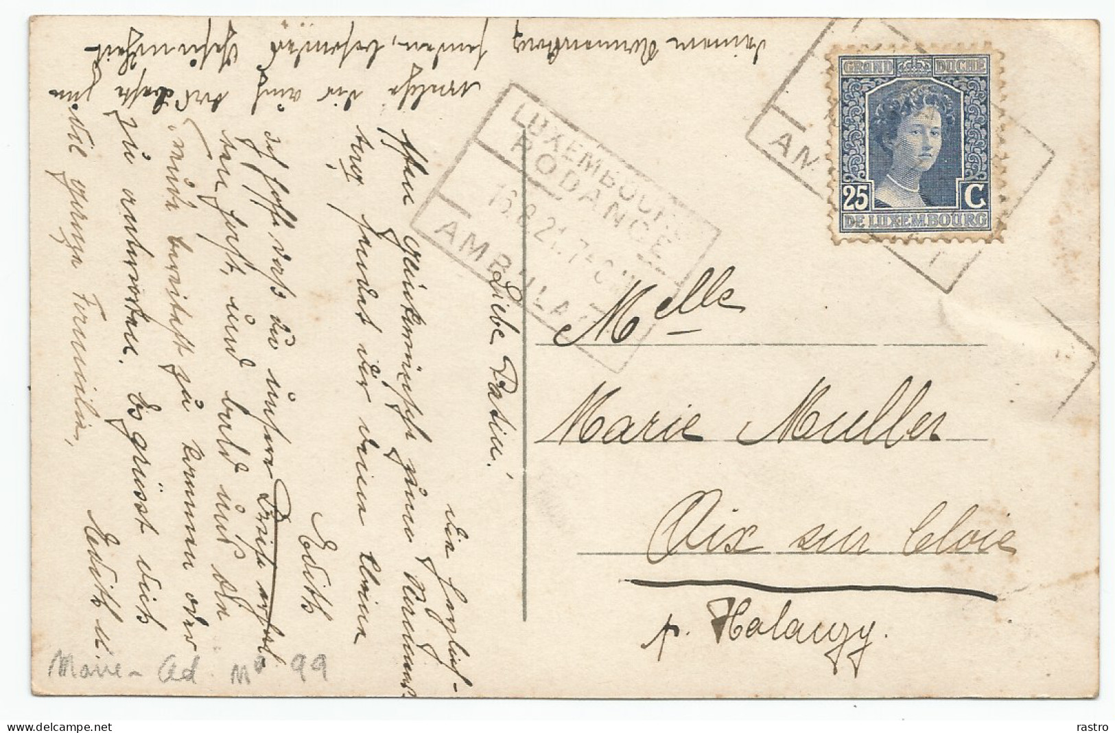 N° 99 (25c Bleu) Sur Carte-vue à Destination De Aix-sur-Cloie (Belgique)     O  Ambulant (1921) - 1914-24 Marie-Adélaïde