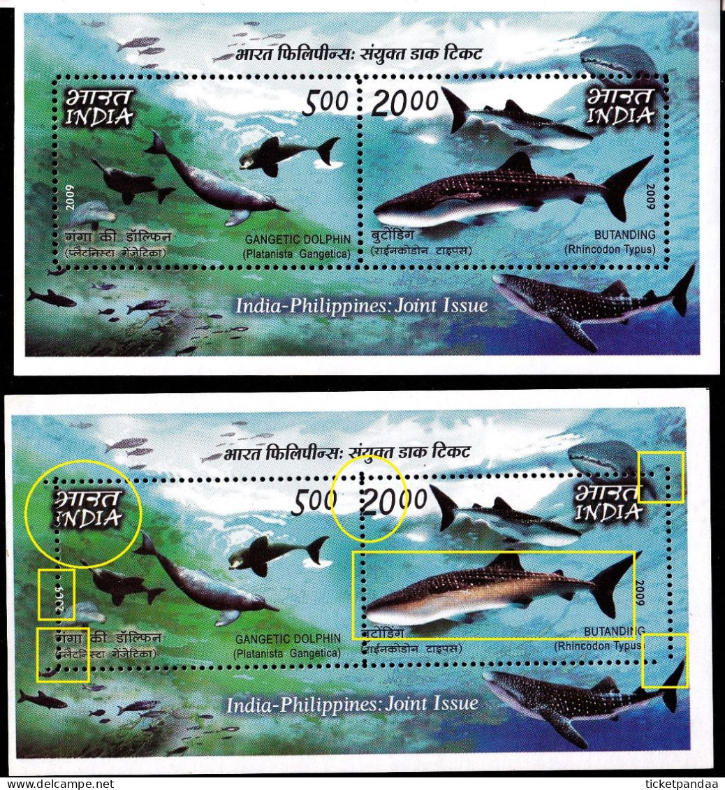 MARINE MAMMALS- JOINT ISSUE-INDIA-PHILIPPINES- DOLPHINS- WHALES- SHARKS- ERRORS-2x MS-MNH-IE-186 - Delfines