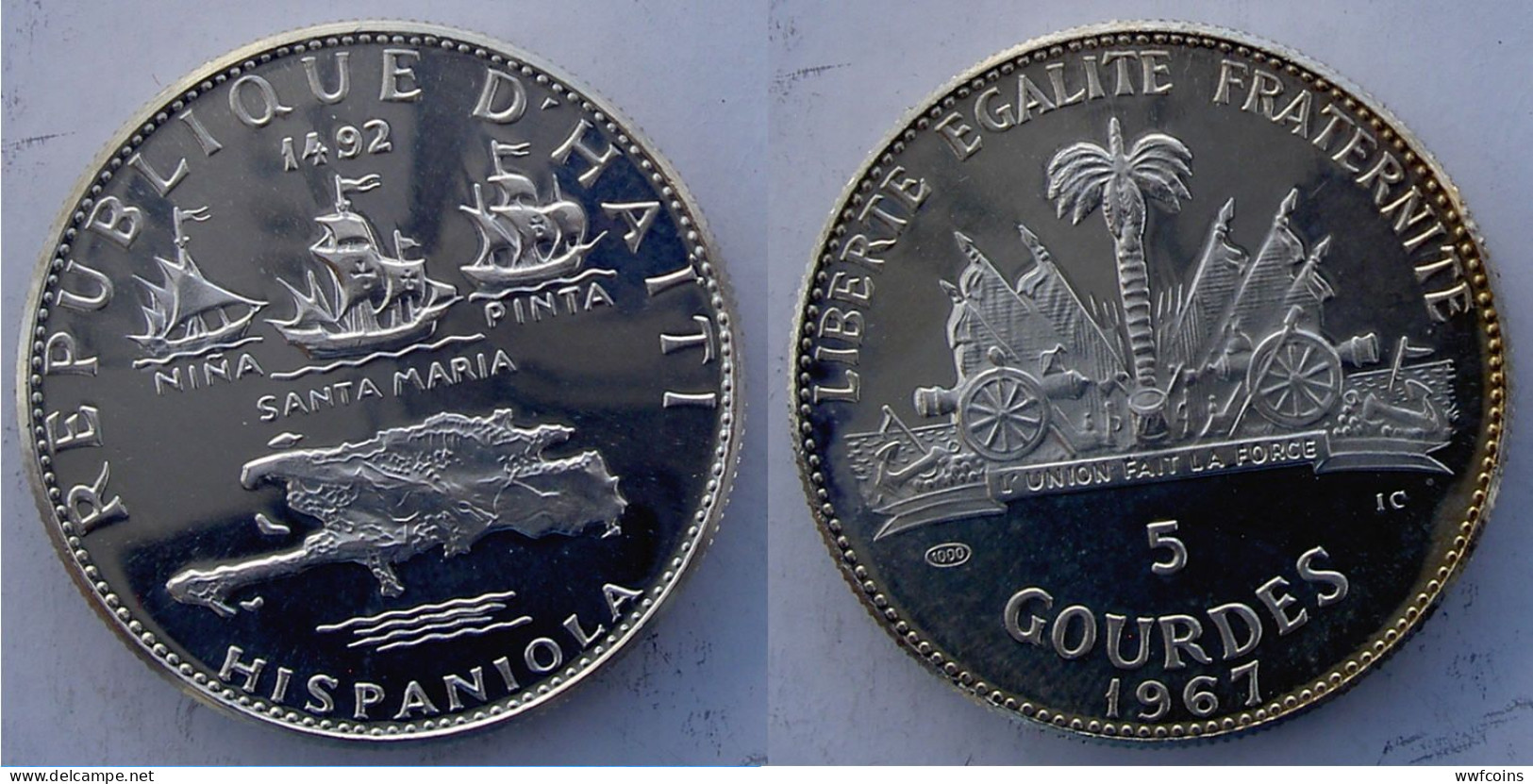 HAITI 5 G 1967 ARGENTO NINA PINTA SANTA MARIA VELIERI NAVI HISPANIOLA SCOPERTE PESO 23,52g TITOLO ,999 CONSERVAZIONE FON - Haití