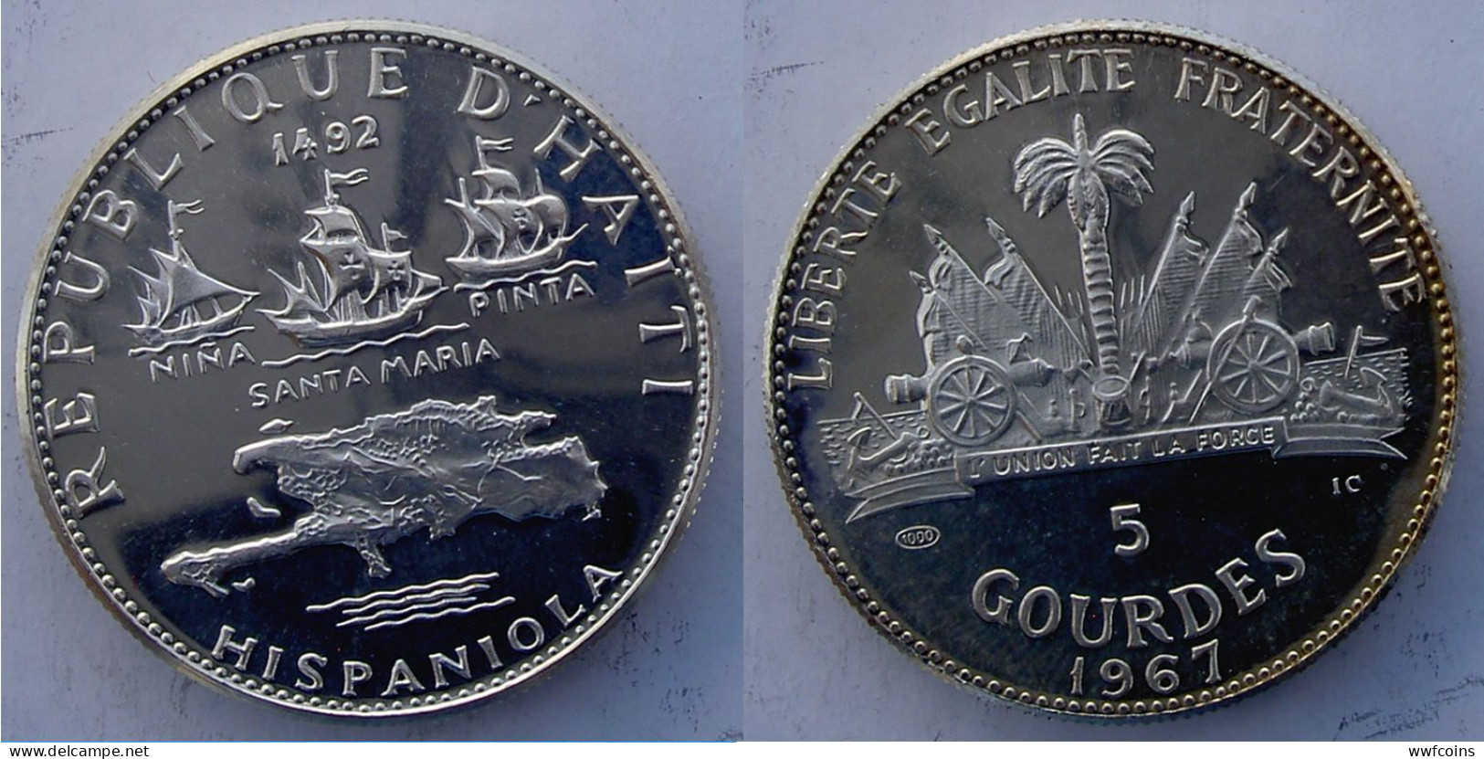 HAITI 5 G 1967 ARGENTO NINA PINTA SANTA MARIA VELIERI NAVI HISPANIOLA SCOPERTE PESO 23,52g TITOLO ,999 CONSERVAZIONE FON - Haiti