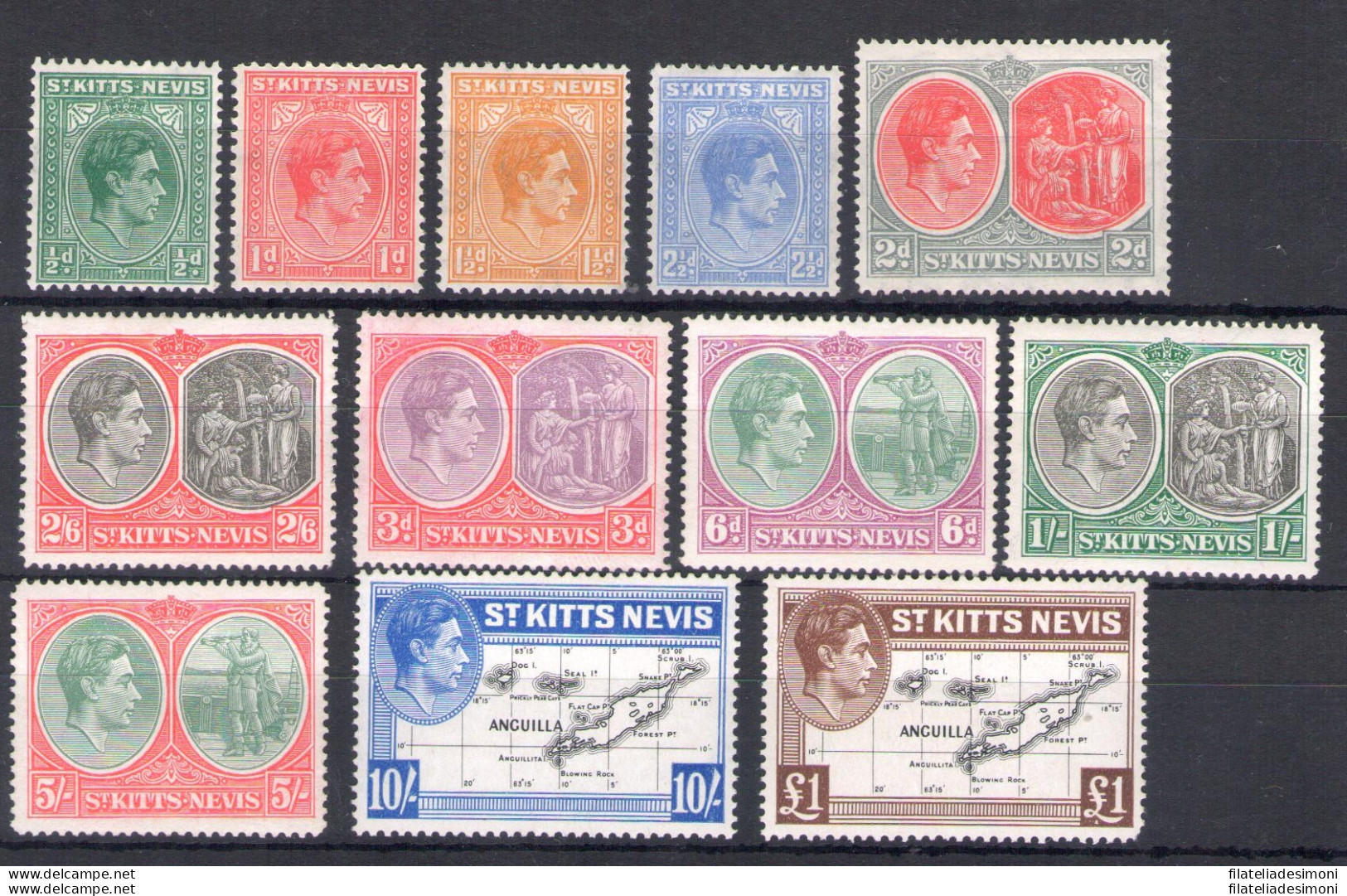 1938 ST. KITTS NEVIS, Giorgio VI, Serie Di 12 Valori, Stanley Gibbons N. 68a/77f - MH* - Autres & Non Classés