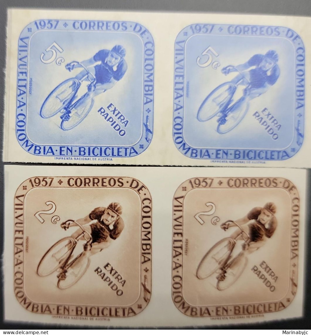 P) 1957 COLOMBIA, 7TH ROUND CYCLE RACE PROOF, SET OF 2 PAIRS IMPERFORATED, BLUE AND BROWN, AIRMAIL, AUSTRIA NATIONAL PRI - Colombia