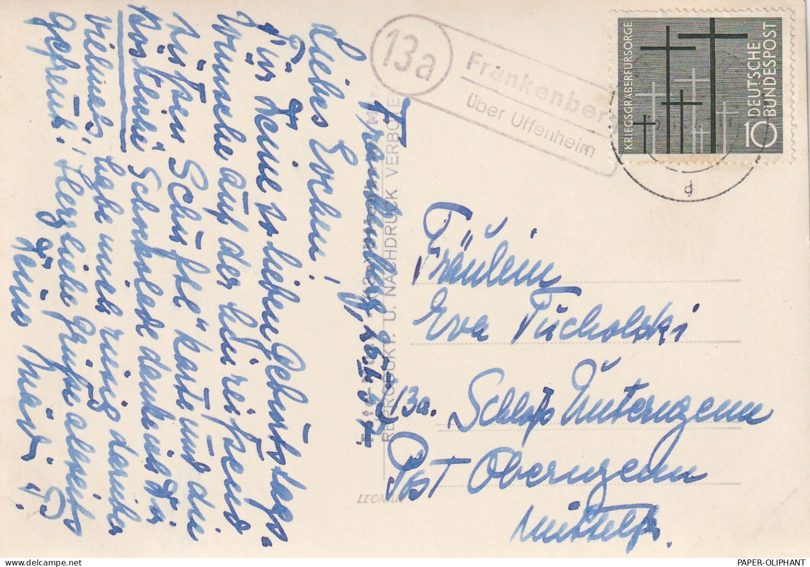 8704 WEIGENHEIM - FRANKENBERG, Postgeschichte, Landpoststempel "13a Frankenberg über Uffenheim", 1957 - Bad Windsheim