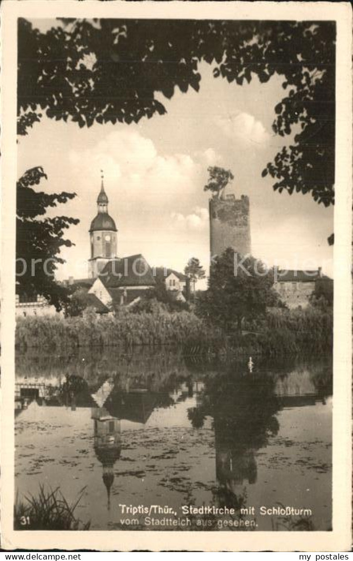 72424316 Triptis Stadtkirche Schlossturm Stadtteich Wasserspiegelung Triptis - Triptis