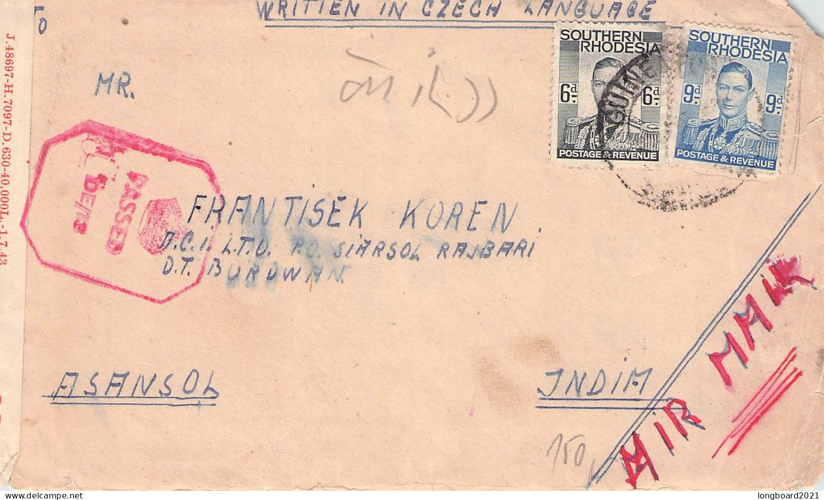 SOUTHERN RHODESIA - AIRMAIL FRAGMENT - INDIA. / 5224 - Zuid-Rhodesië (...-1964)