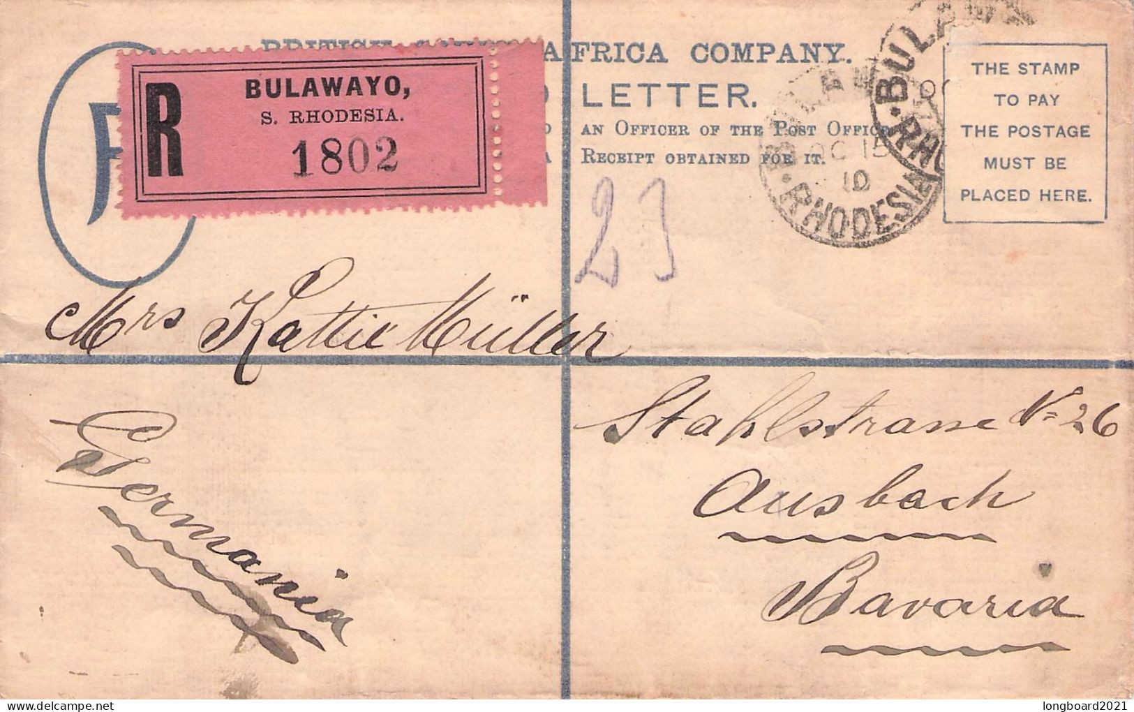 BRIT. SOUTHAFRICA COMPANY - REGISTERED MAIL 1910 BULAYWAYO - GERMANY. / 5225 - Andere & Zonder Classificatie