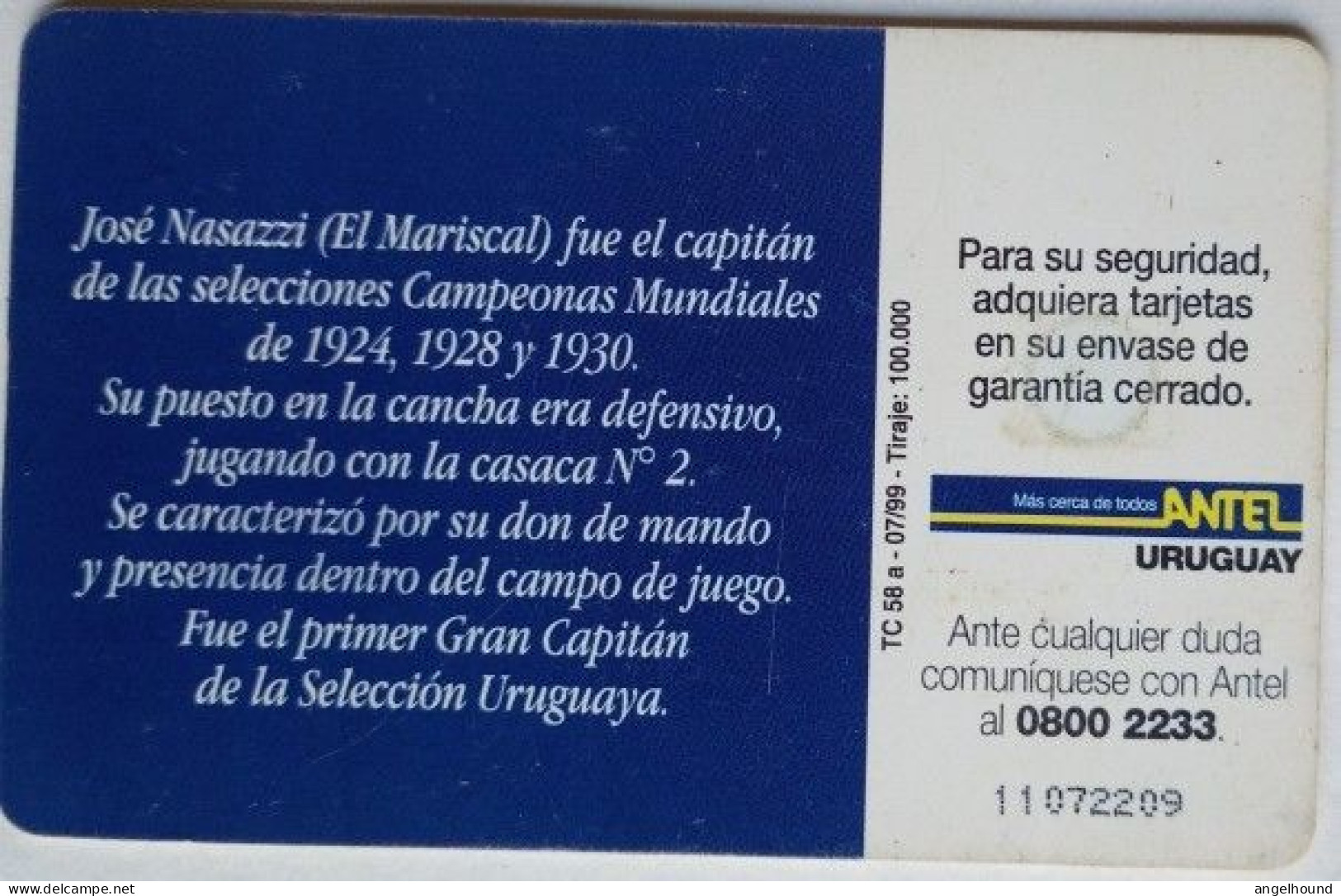 Uruguay Antel $5 Chip Card - Jose Nasazzi  ( El Mariscal ) - Uruguay