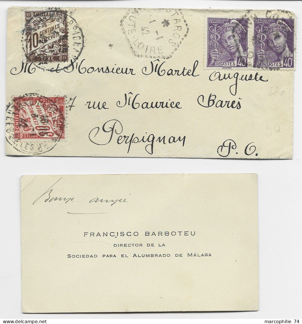 FRANCE MERCURE 40CX2 MIGNONNETTE C. HEX PERLE COSTAROS 1.1.1942 POUR PERPIGNAN PO TAXE 10C+30C - 1938-42 Mercurio