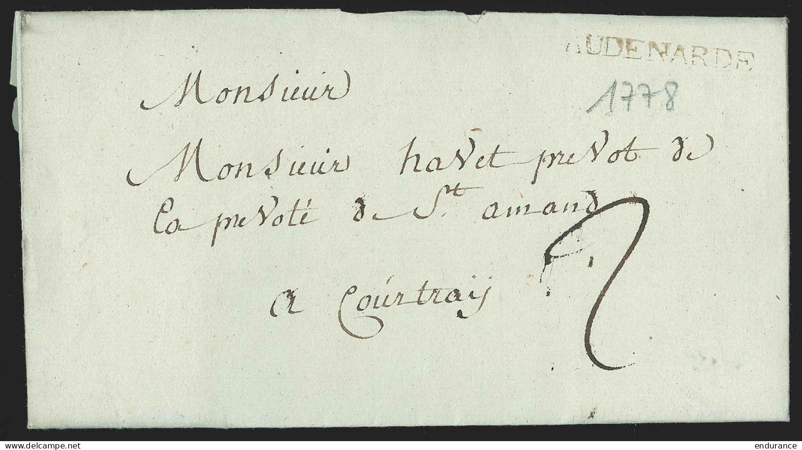 L. 1778 Marque AUDENARDE + "2" Pour La Prévôté De St Amand à  Courtray.  Texte Sur L'aménagement Du Territoire. - 1714-1794 (Paises Bajos Austriacos)