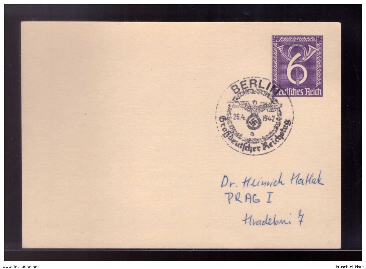 Dt.- Reich (023801) Privatganzsache Fech PP150/ A1 6Rpf Posthorn Blancokarte, Mit SST Berlin 26.4.1942 - Entiers Postaux Privés
