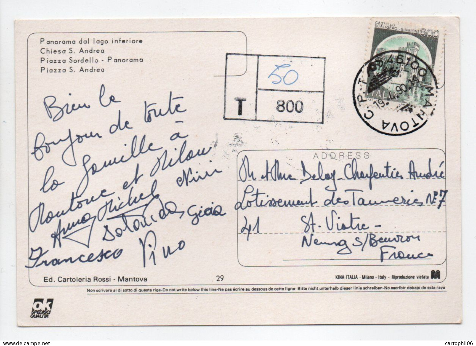 - Carte Postale MANTOVA (Italie) Pour SAINT-VIATRE (France) 19.4.1990 - TAXE A ETUDIER - - Postage Due