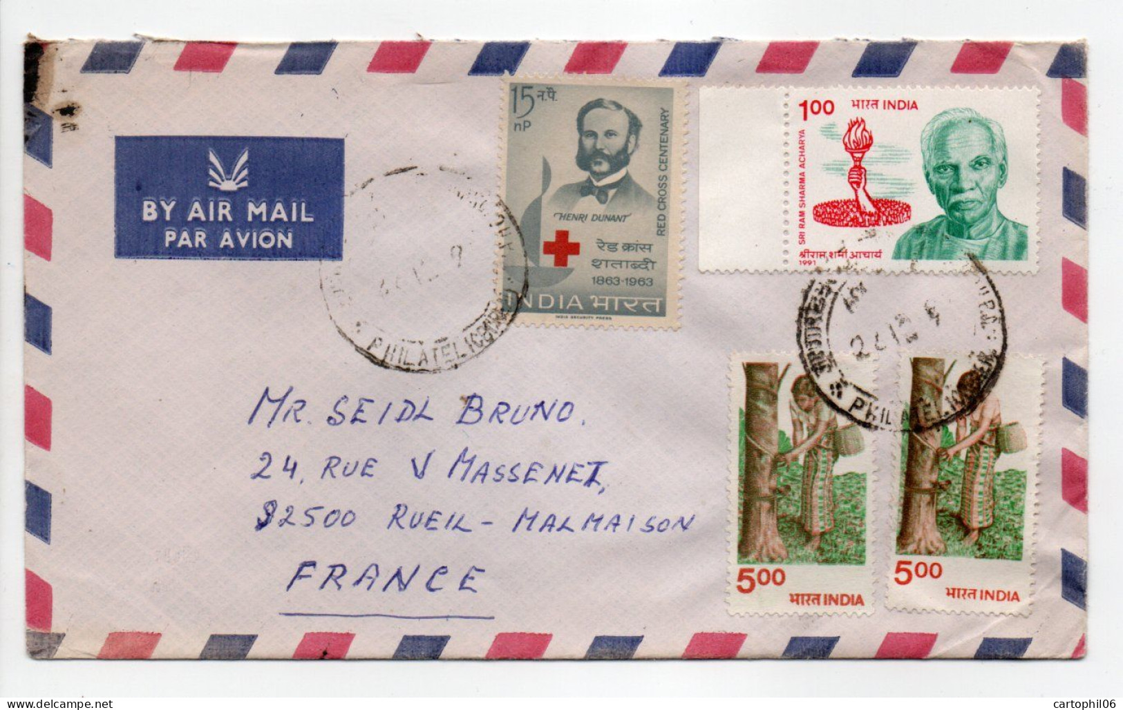 - Lettre MADRAS (Chennai / Inde) Pour RUEIL-MALMAISON (France) 22.12.1991 - Bel Affranchissement Philatélique - - Cartas & Documentos