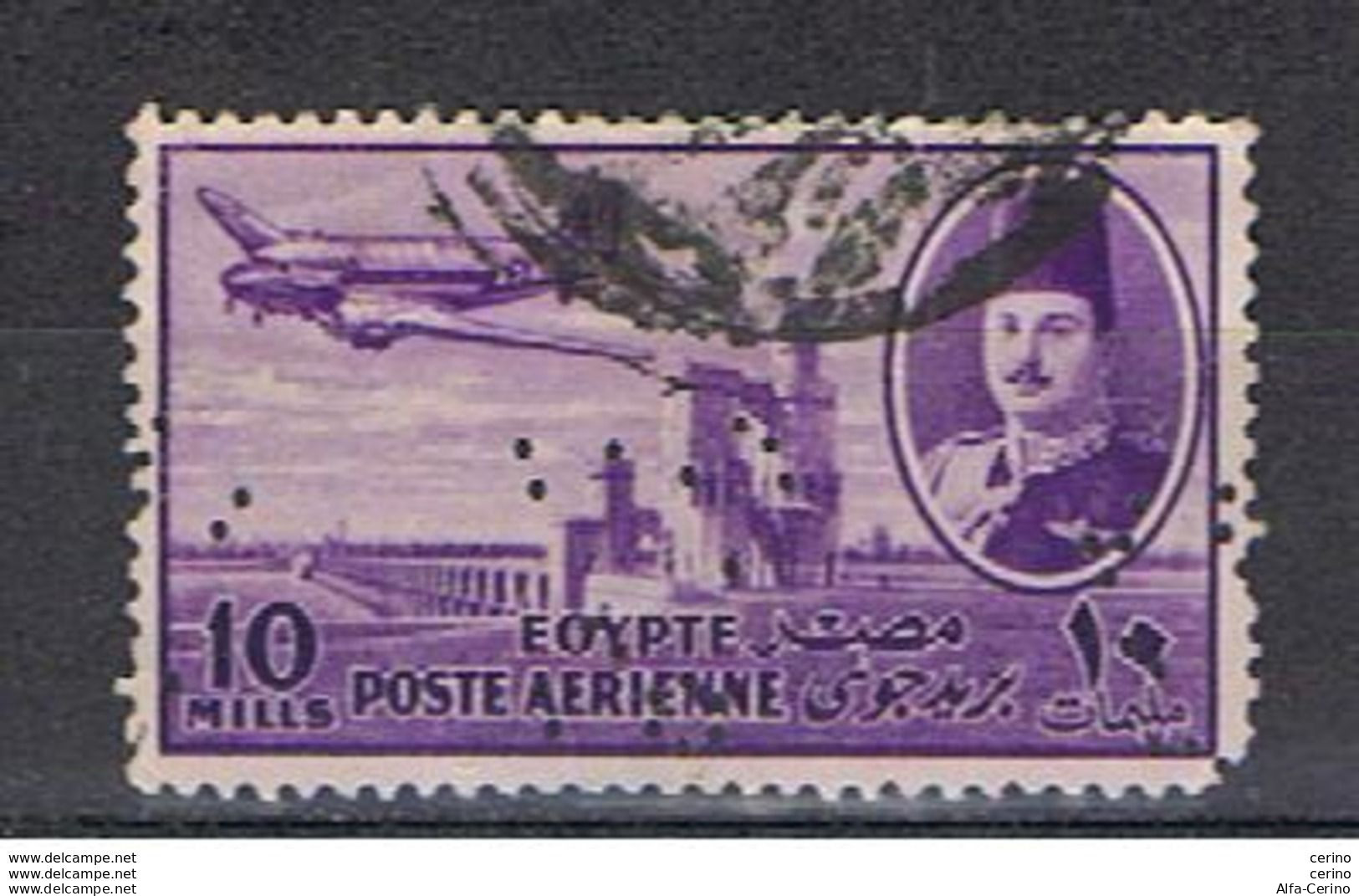 EGYPT - VARIETY  STAMP:  1947  AIR  MAIL  -  10 C. USED  STAMP  -  PERFIN  -  YV/TELL. 34 - Airmail