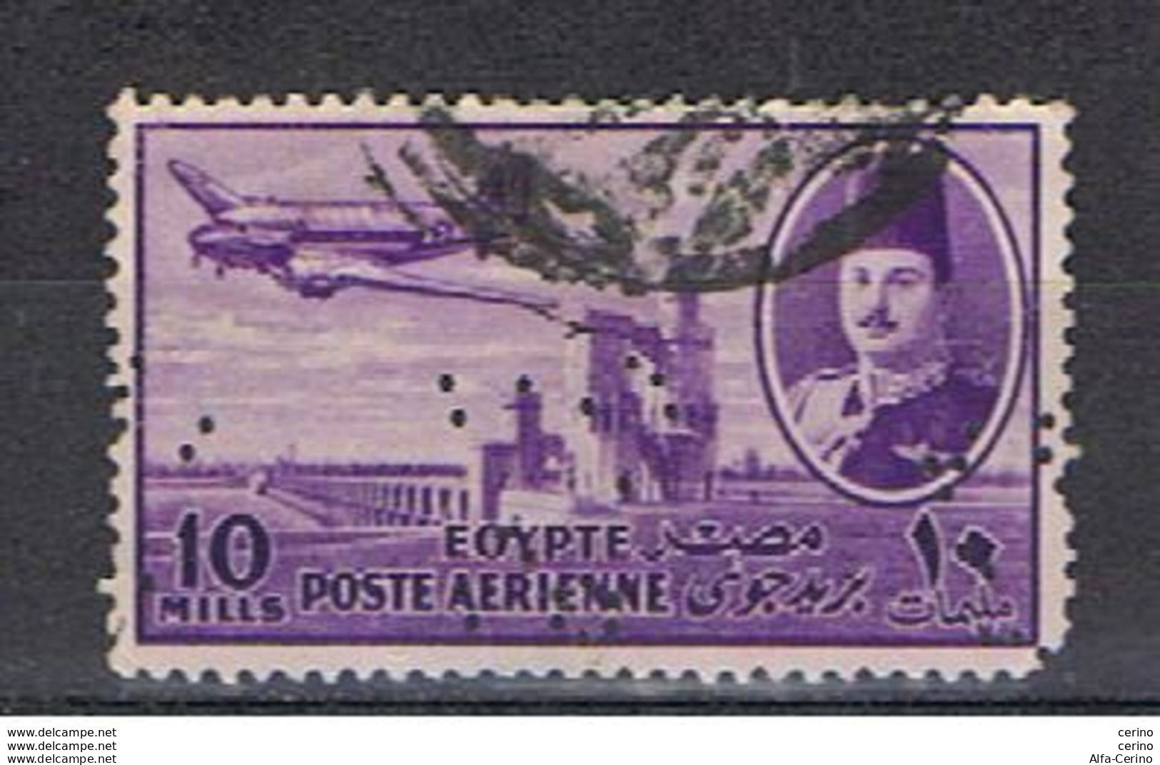 EGYPT - VARIETY  STAMP:  1947  AIR  MAIL  -  10 C. USED  STAMP  -  PERFIN  -  YV/TELL. 34 - Poste Aérienne