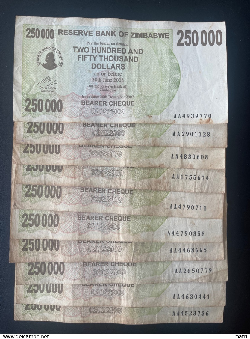 Zimbabwe 250000 Dollars 2008 P#50 (x10 Pcs) - Zimbabwe