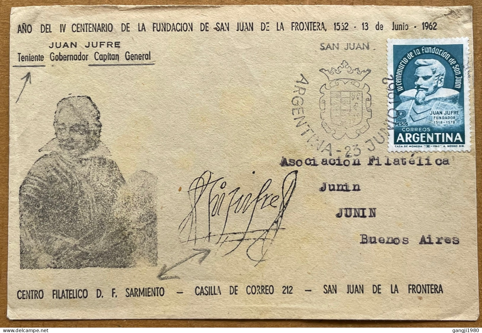 ARGENTINA 1962, PRIVATE PRINT, LIMITED ISSUE COVER USED, SAN JUAN JUFRE SIGNED, ILLUSTRATE, SARMIENTO PHILATELIC CENTER, - Storia Postale