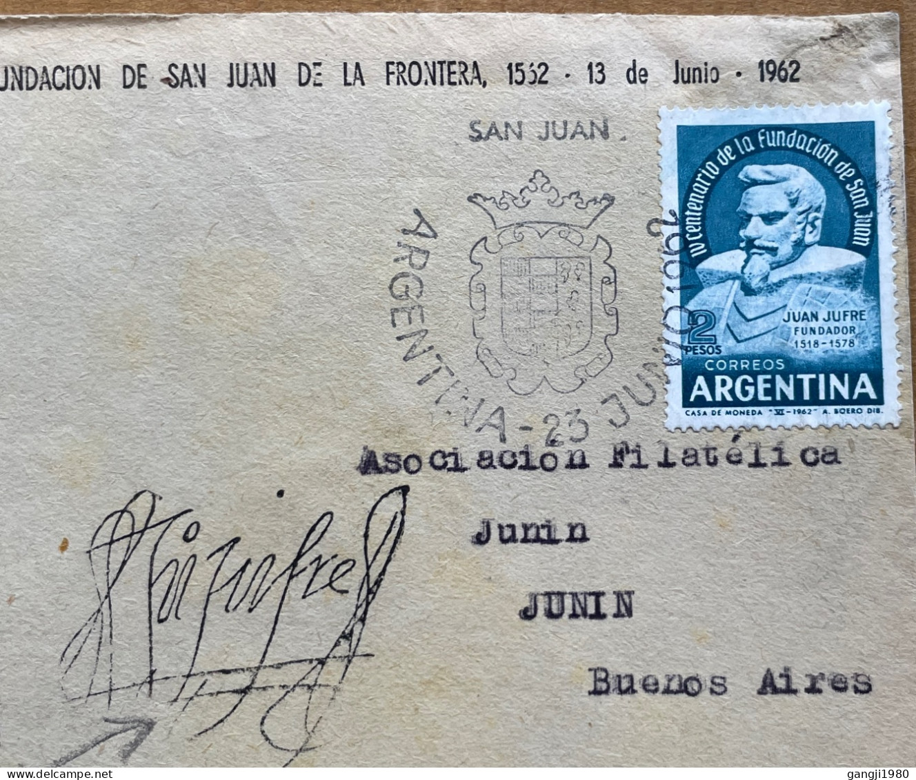 ARGENTINA 1962, PRIVATE PRINT, LIMITED ISSUE COVER USED, SAN JUAN JUFRE SIGNED, ILLUSTRATE, SARMIENTO PHILATELIC CENTER, - Lettres & Documents