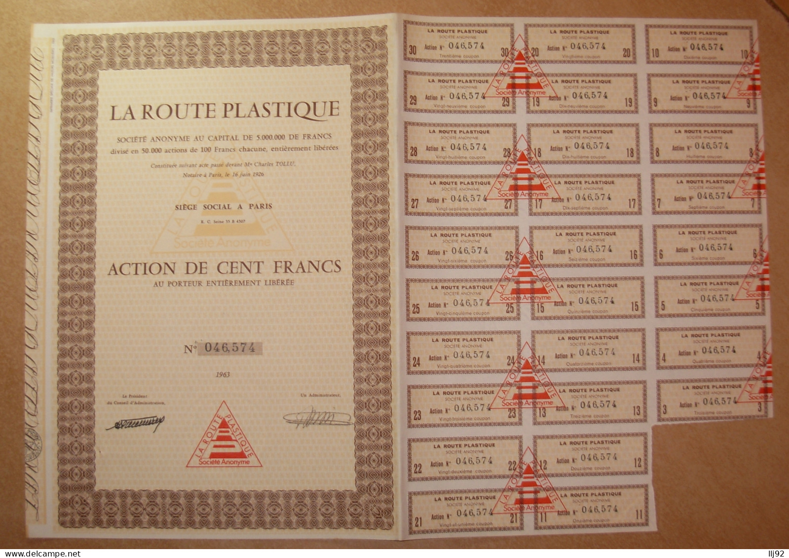 Action. LA ROUTE PLASTIQUE - Action De 100 Francs Au Porteur 1963 Manque 2 Coupons - P - R