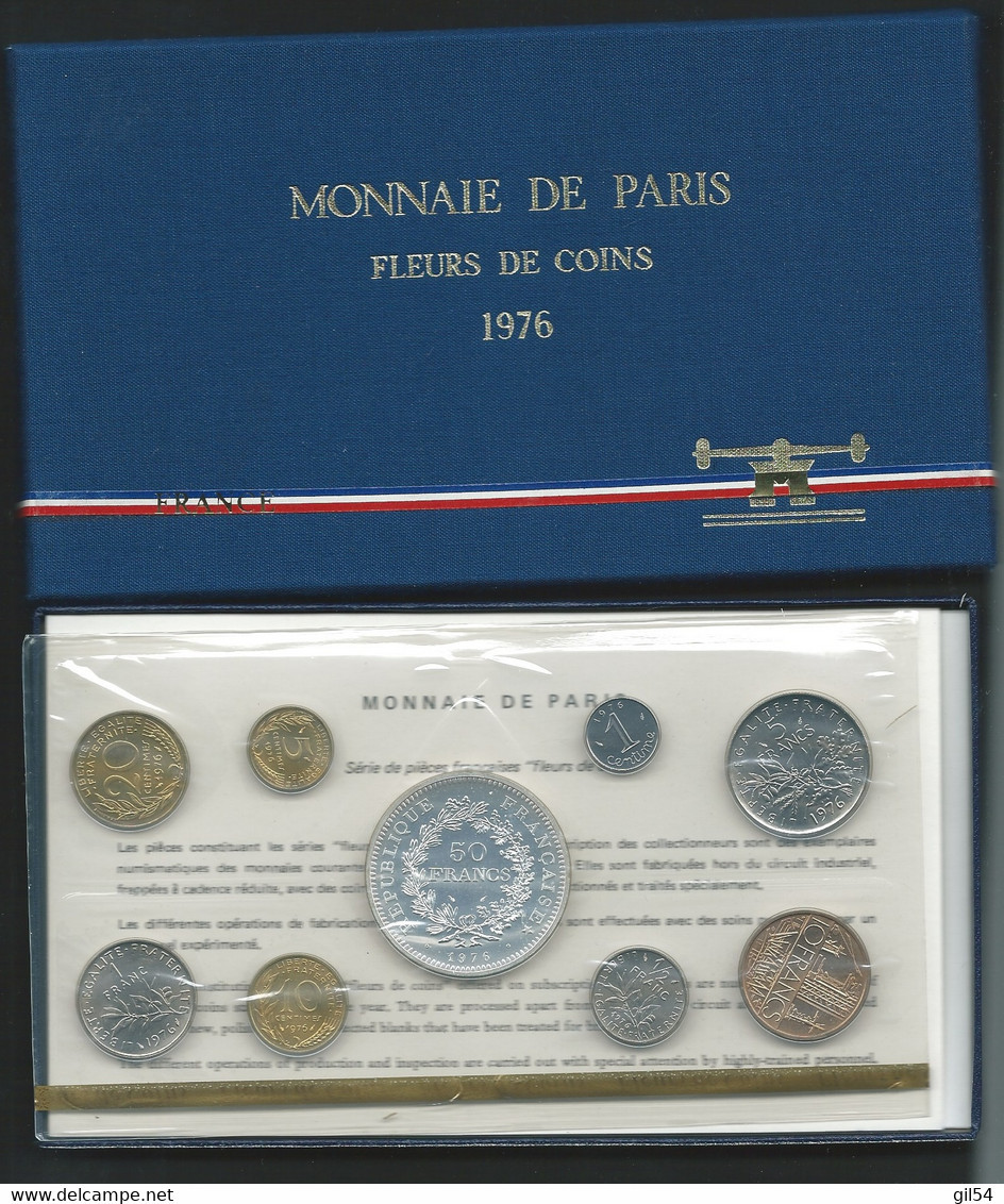 1976 COFFRET SERIE FLEURS DE COINS MONNAIE DE PARIS FDC AVEC 50 FRANC HERCULE ARGENT BU  Laupi 143 - BU, BE, Astucci E Ripiani