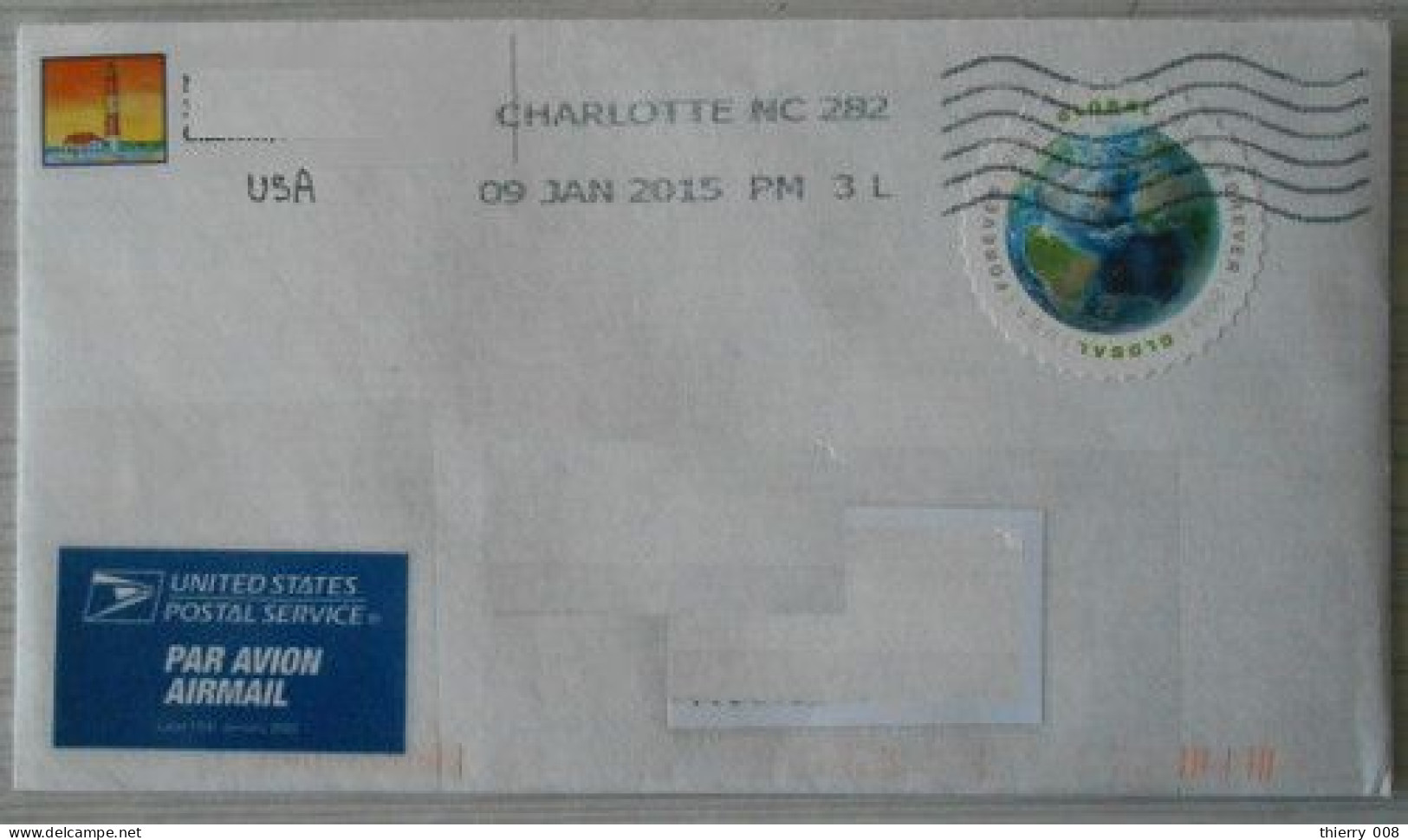 751 Etats Unis USA  Enveloppe Timbre Rond Autoadhésif Planète Oblitération Charlotte Janvier 2015 - Storia Postale