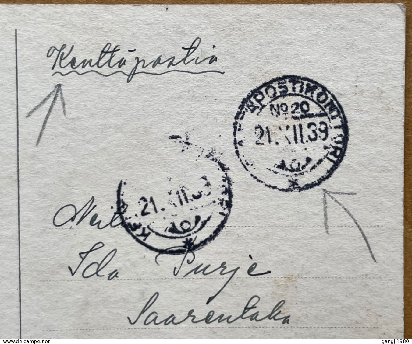 FINLAND POSTCARD 1939, WORLD WAR 2, KENTTAPOSTIA,  FIELD POST, KENTTAPOSTÍKONTORI NO 20, CANCEL,  SAMERO CITY. - Briefe U. Dokumente