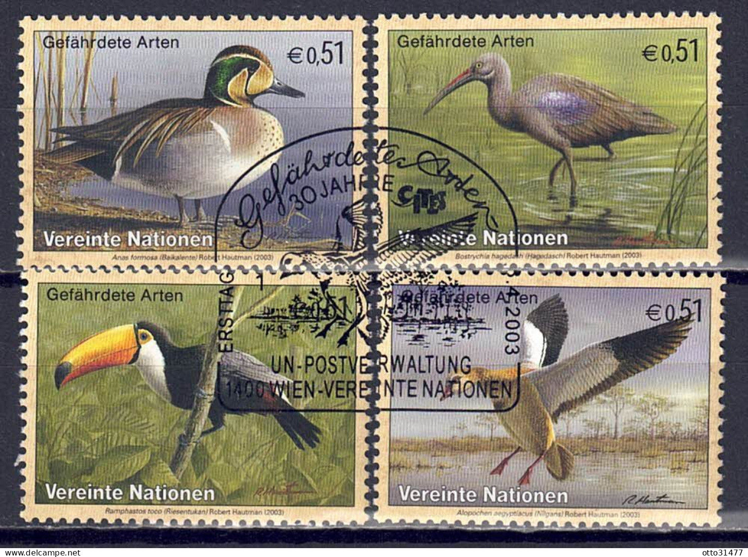 UNO Wien 2003 - Gefährdete Arten (XI) - Vögel, Nr. 389 - 392, Gestempelt / Used - Usados