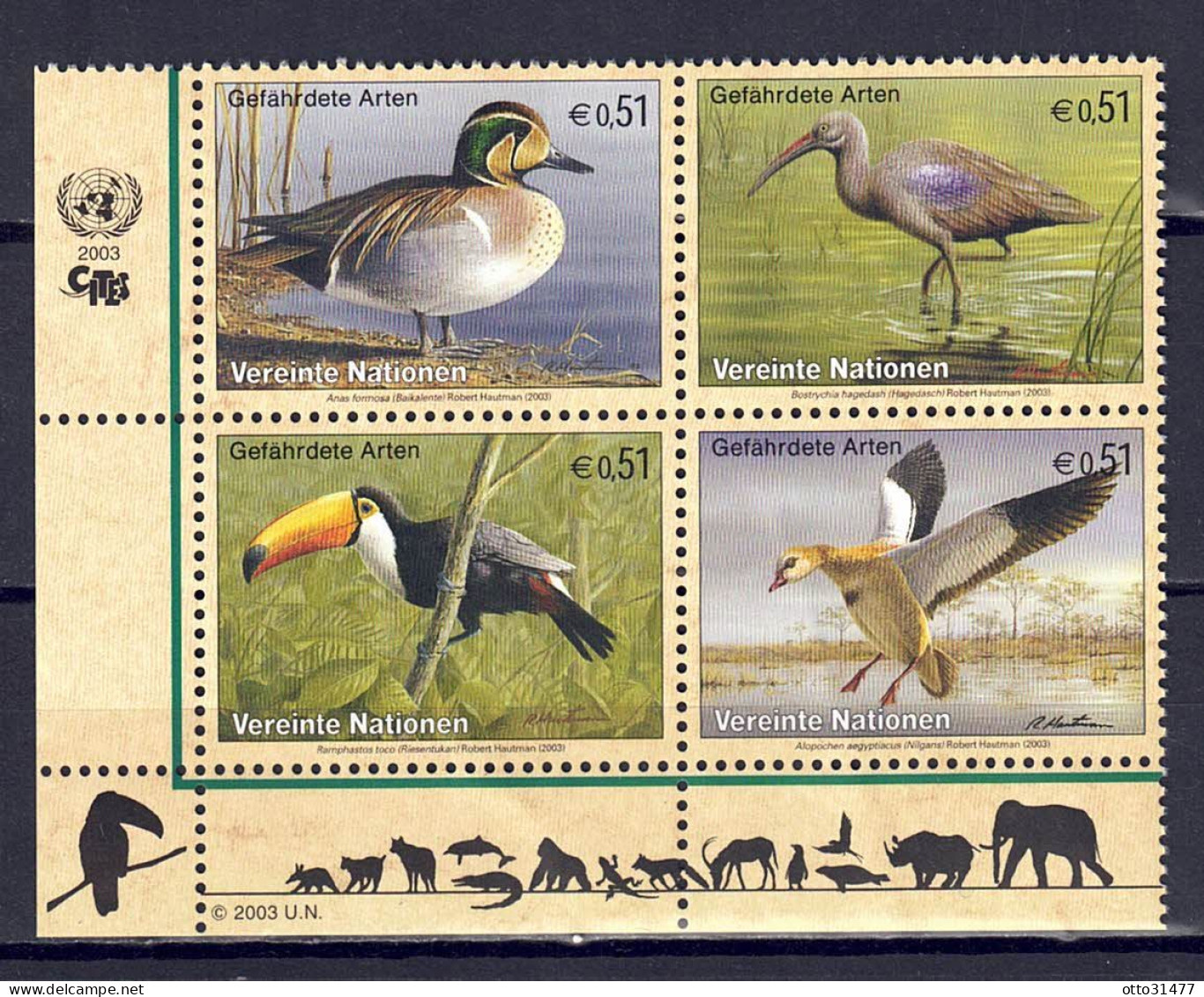 UNO Wien 2003 - Gefährdete Arten (XI) - Vögel, Nr. 389 - 392 Zd., Postfrisch ** / MNH - Neufs