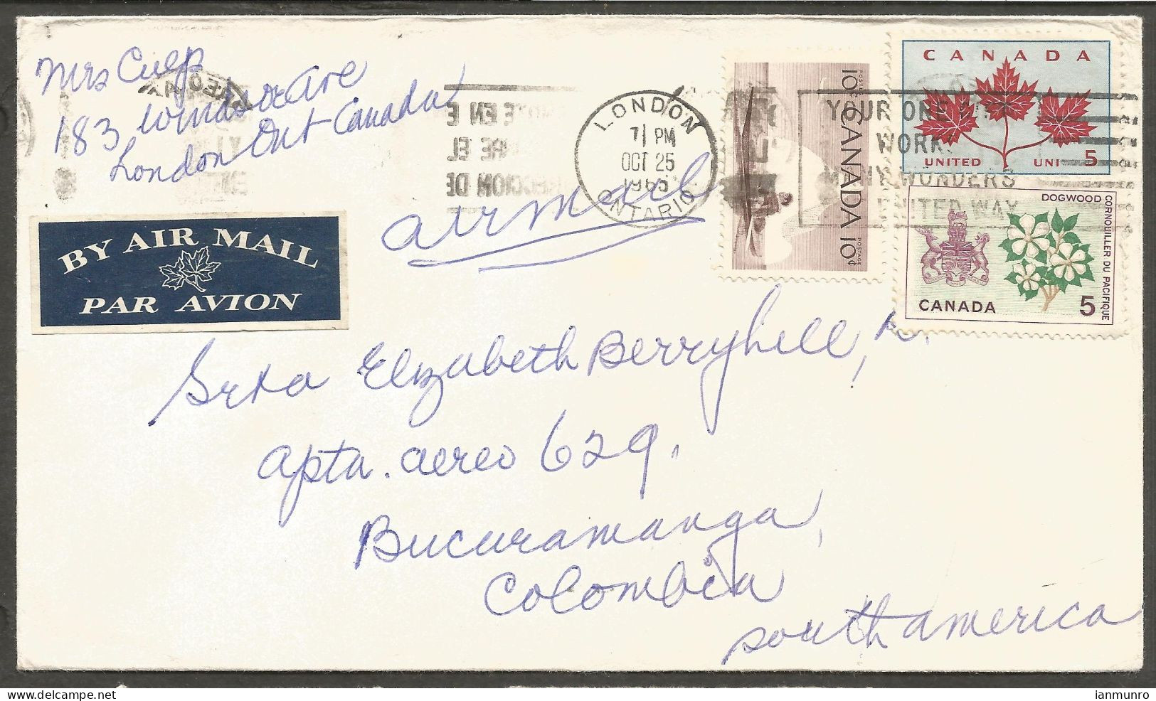 1965 Airmail Cover 20c Kayak/Flowers Slogan London Ontario To Colombia (receiver) - Storia Postale