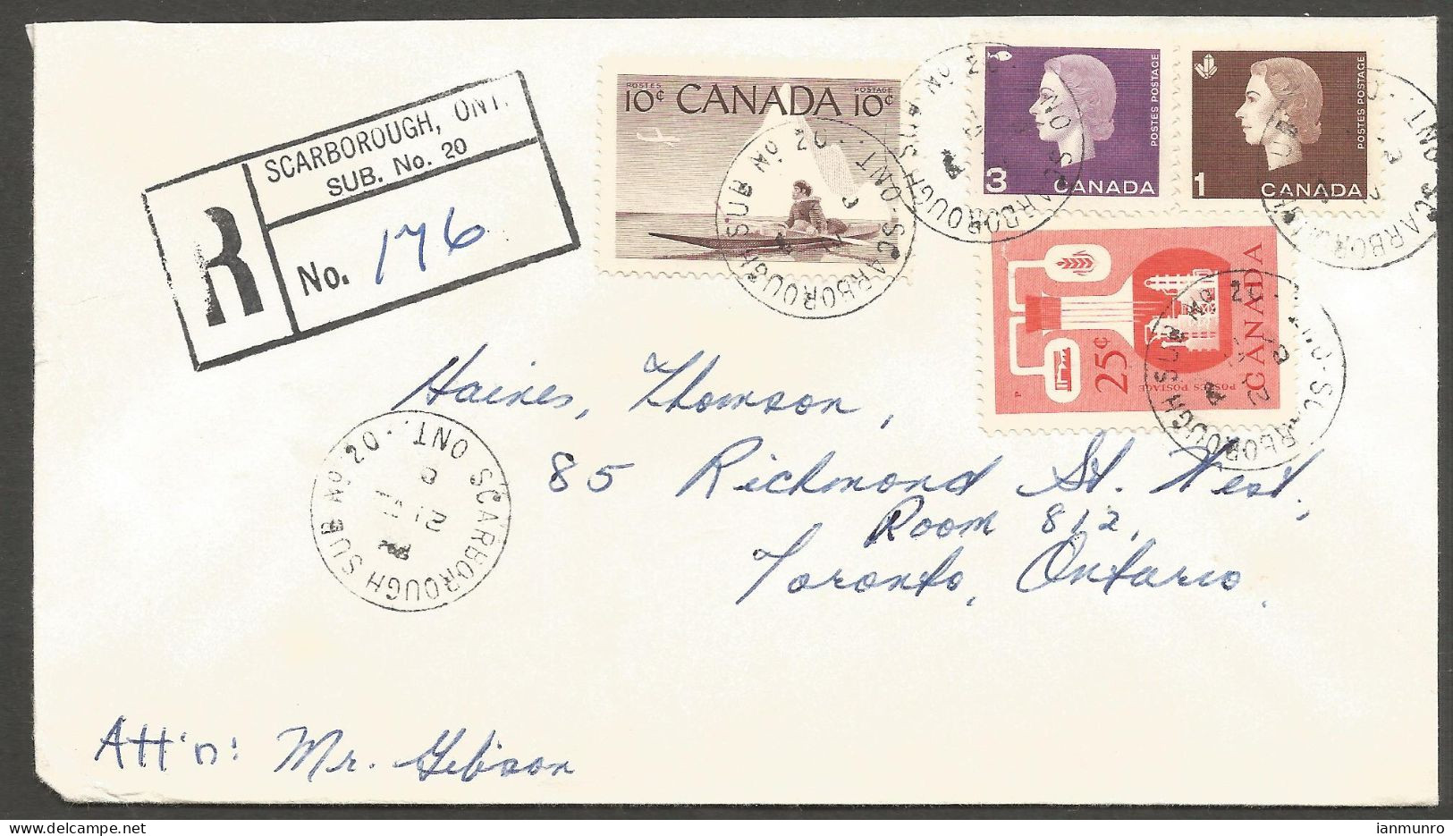 1964 Registered Cover 39c Cameo/Kayak/Chemical CDS Scarborough Sub No 20 Ontario - Storia Postale