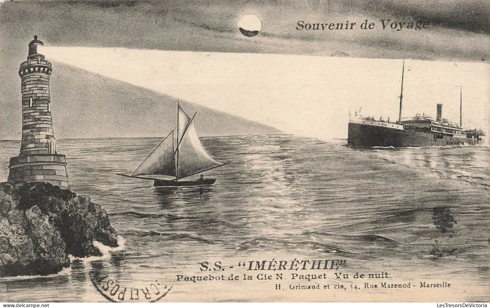 France - S.S. Iméréthie - Paquebot De La Cie Paquet Vu De Nuit - Phare - Voilier -  Carte Postale Ancienne - Dampfer