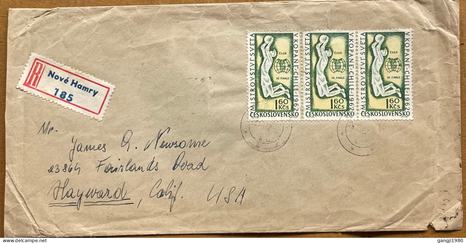 CZECHOSLOVAKIA 1962, REGISTER COVER, USED TO USA, VIGNETTE LABEL, WORLD STAMP EXHIBITION, SPORT WORLD FOOTBALL, NOVE HAM - Storia Postale