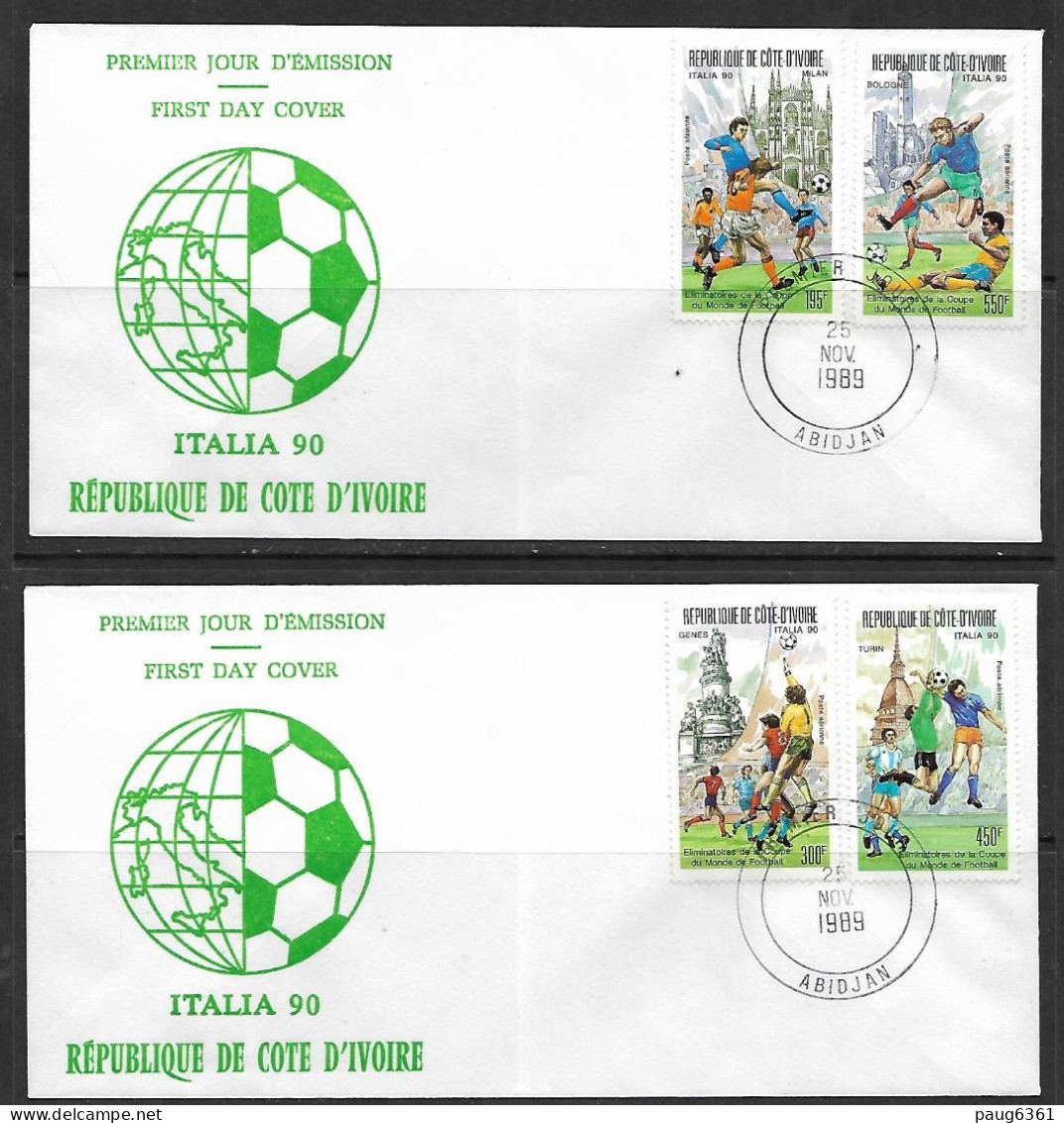 COTE D'IVOIRE 1989 FDC FOOTBALL COUPE DU MONDE YVERT N°PA121/124 - 1990 – Italien