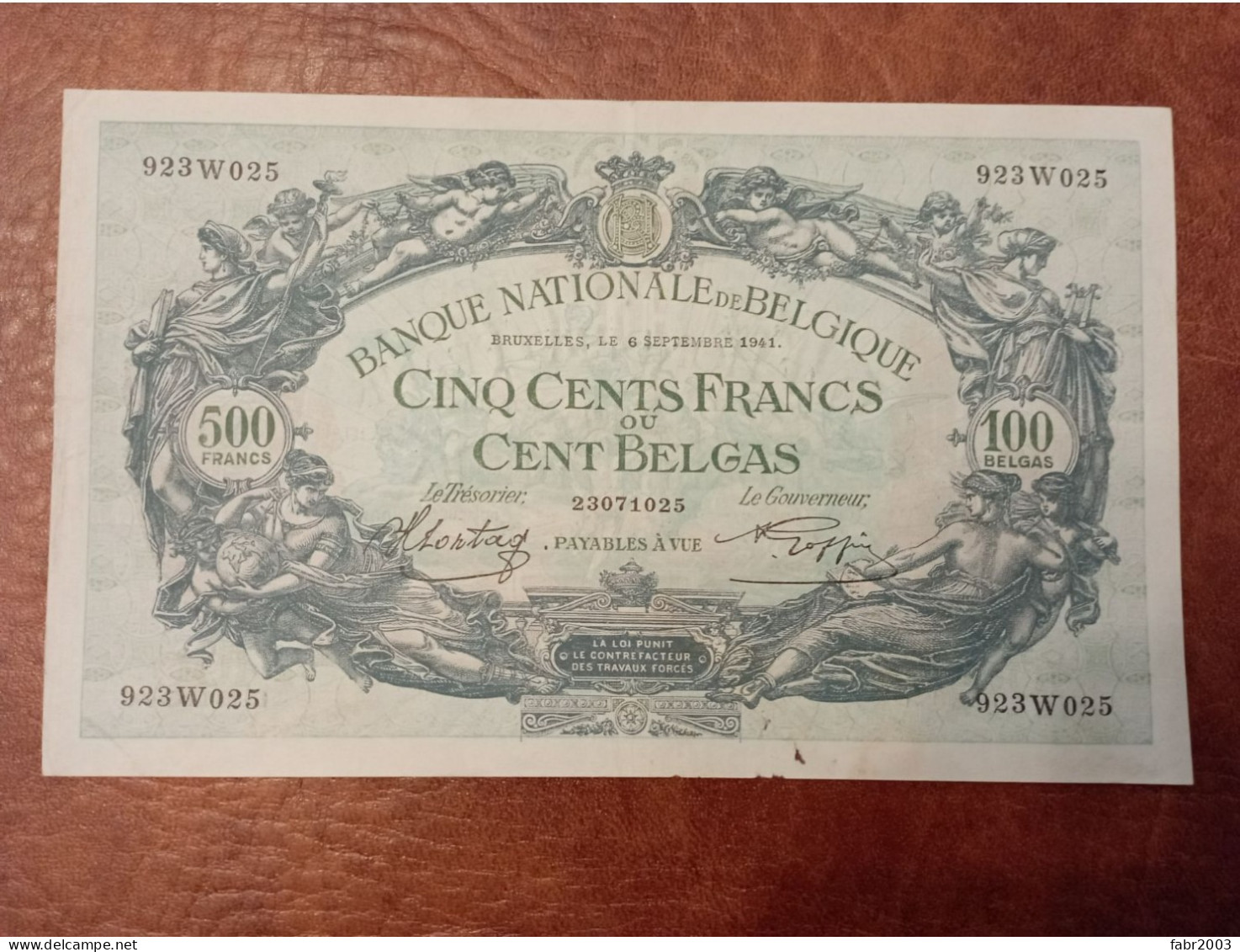 500 Francs - 100 Belgas 06/09/1941 - Bon état D'usage, Plis, Trous En Bas , Craquant. Voir Photos - 500 Franchi-100 Belgas