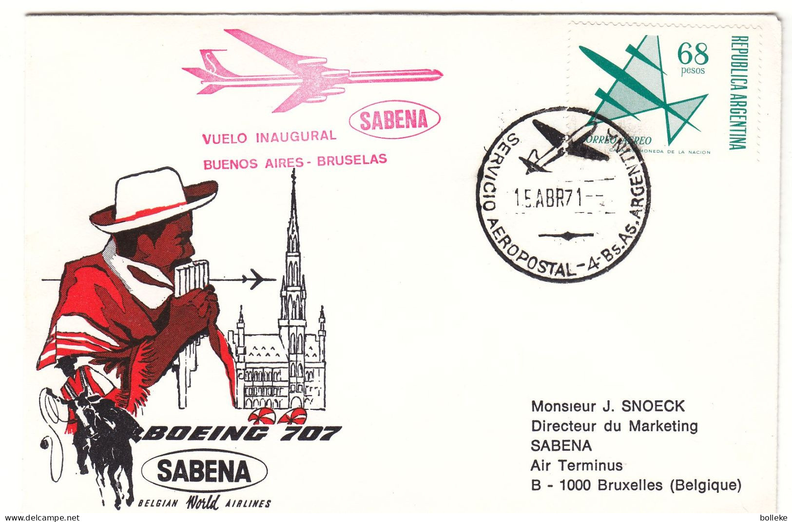 Argentine - Lettre De 1971 - Oblit Servicio Aeropostal Argentine - 1er Vol SABENA Buenos Airs Bruxelles - - Cartas & Documentos